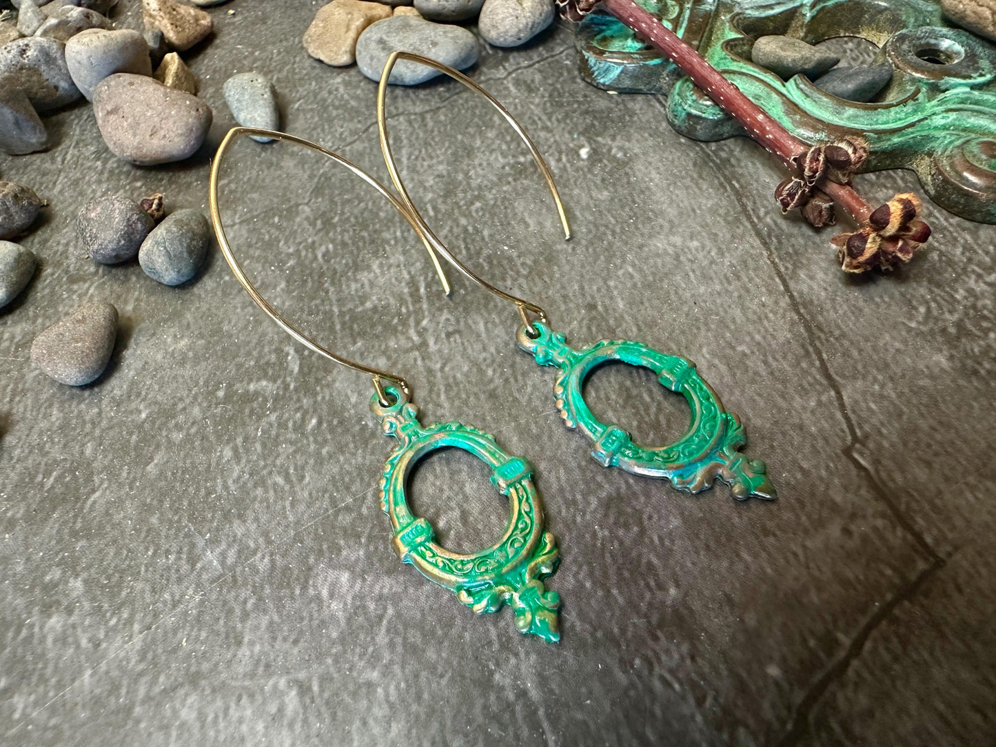 Victorian Frame Earrings Oval Garden Window - Handmade Solid Brass Green Hand Patina
