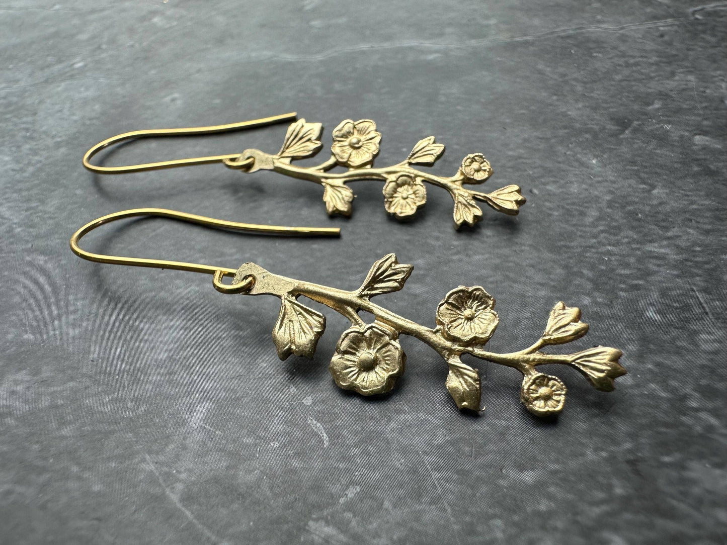 Wildflower Branch Earrings, Botanical Dangle, Brass , Nature
