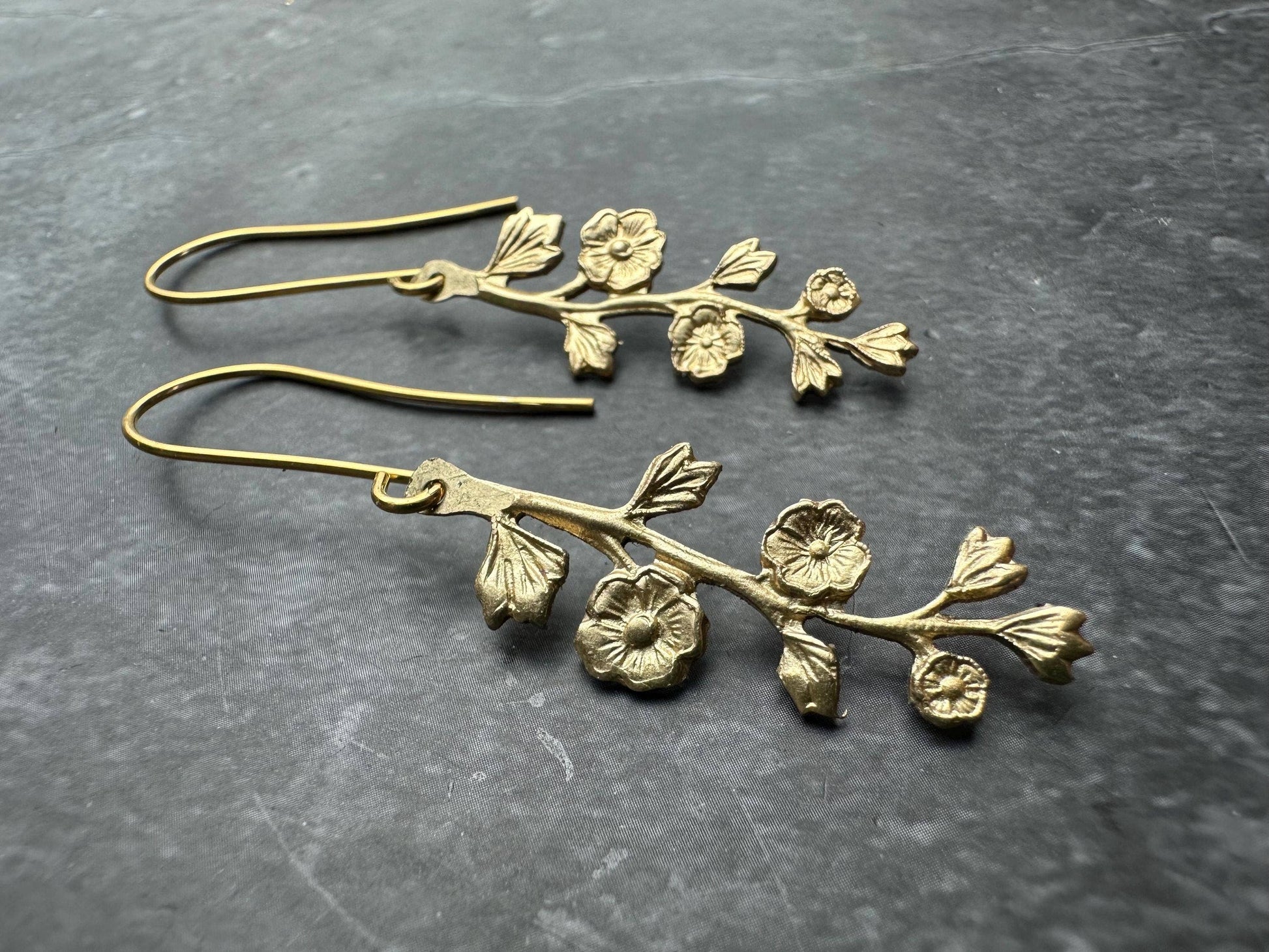Wildflower Branch Earrings, Botanical Dangle, Brass , Nature
