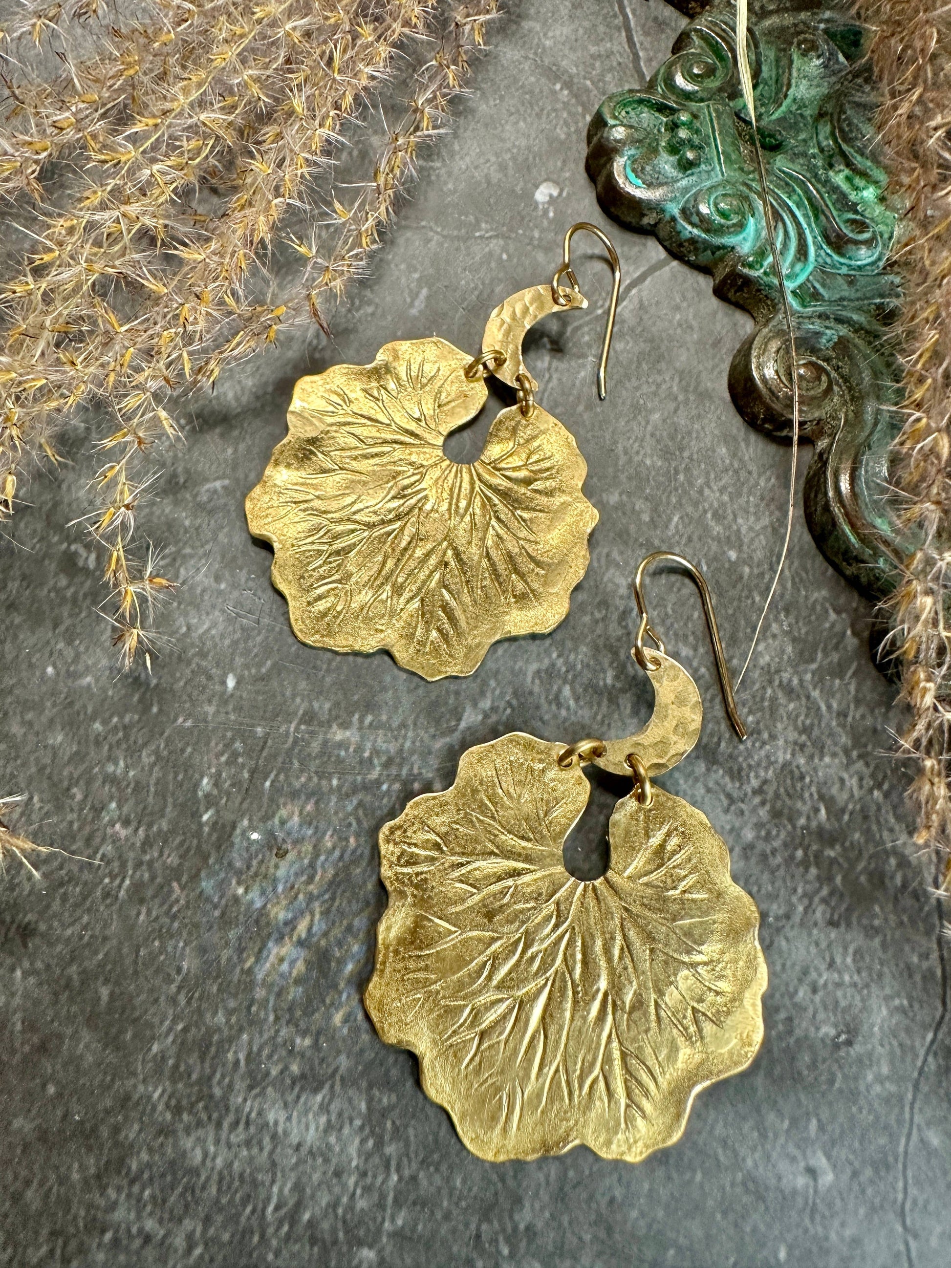 Lily Moon Earrings- Handmade Beaten Brass