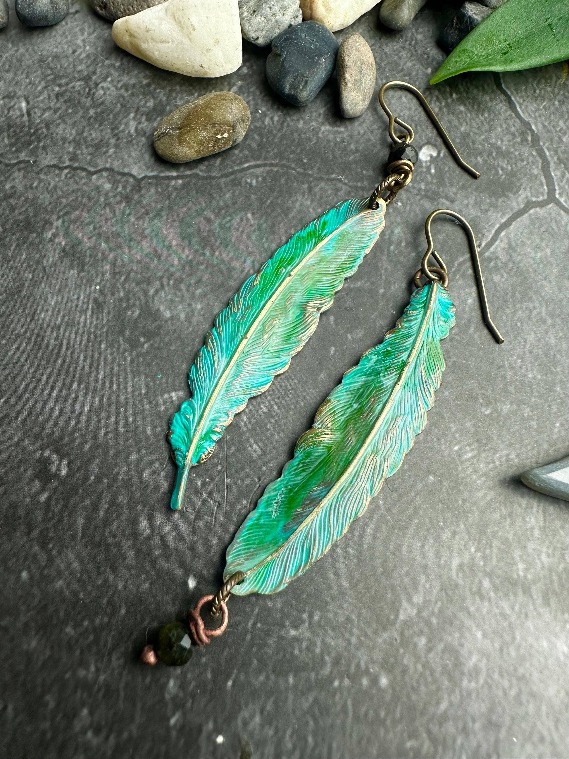 Feather Earrings - Handmade Solid Brass Patina & Tourmaline