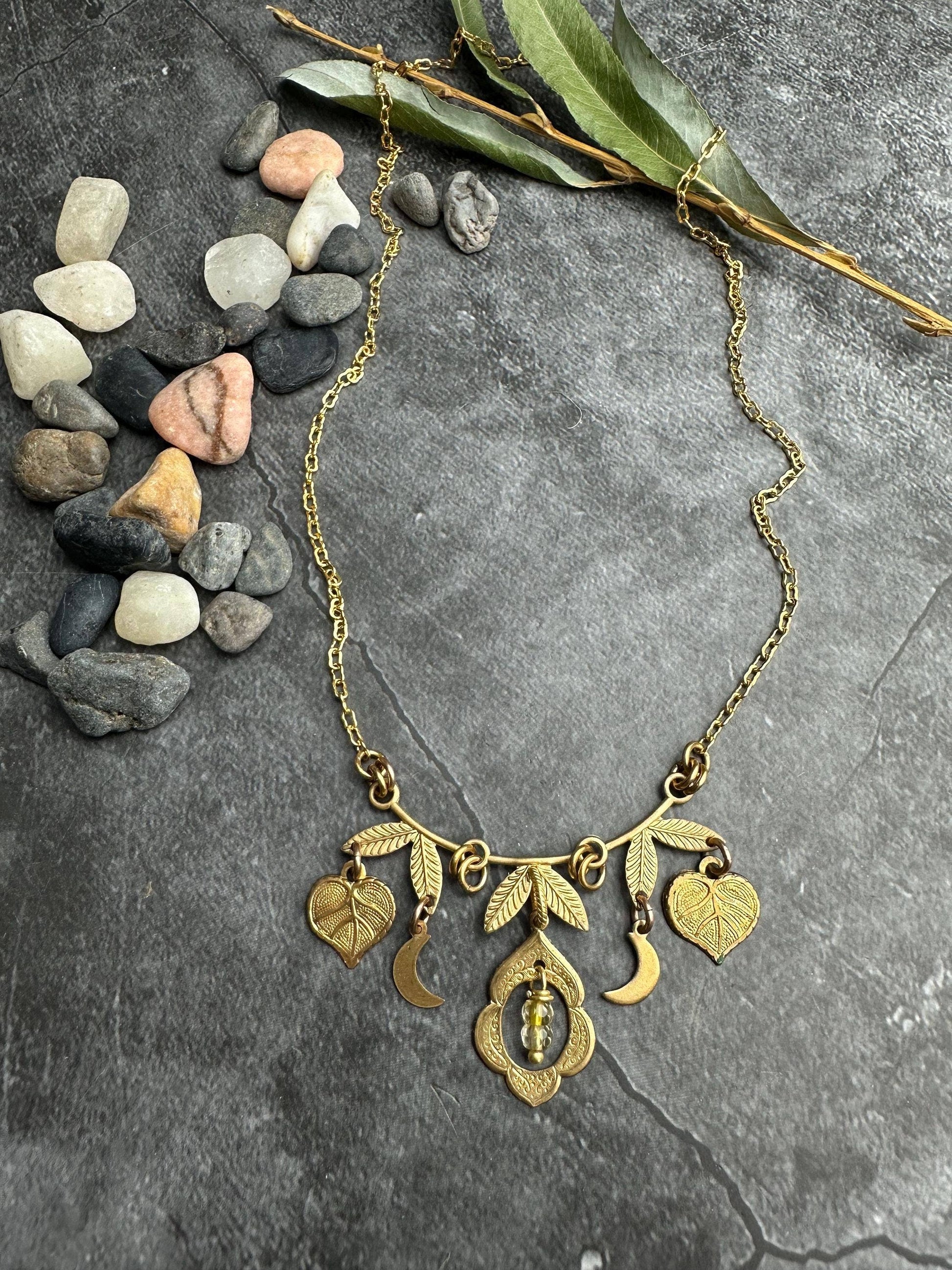 Brass & Citrine Charm Cluster Necklace
