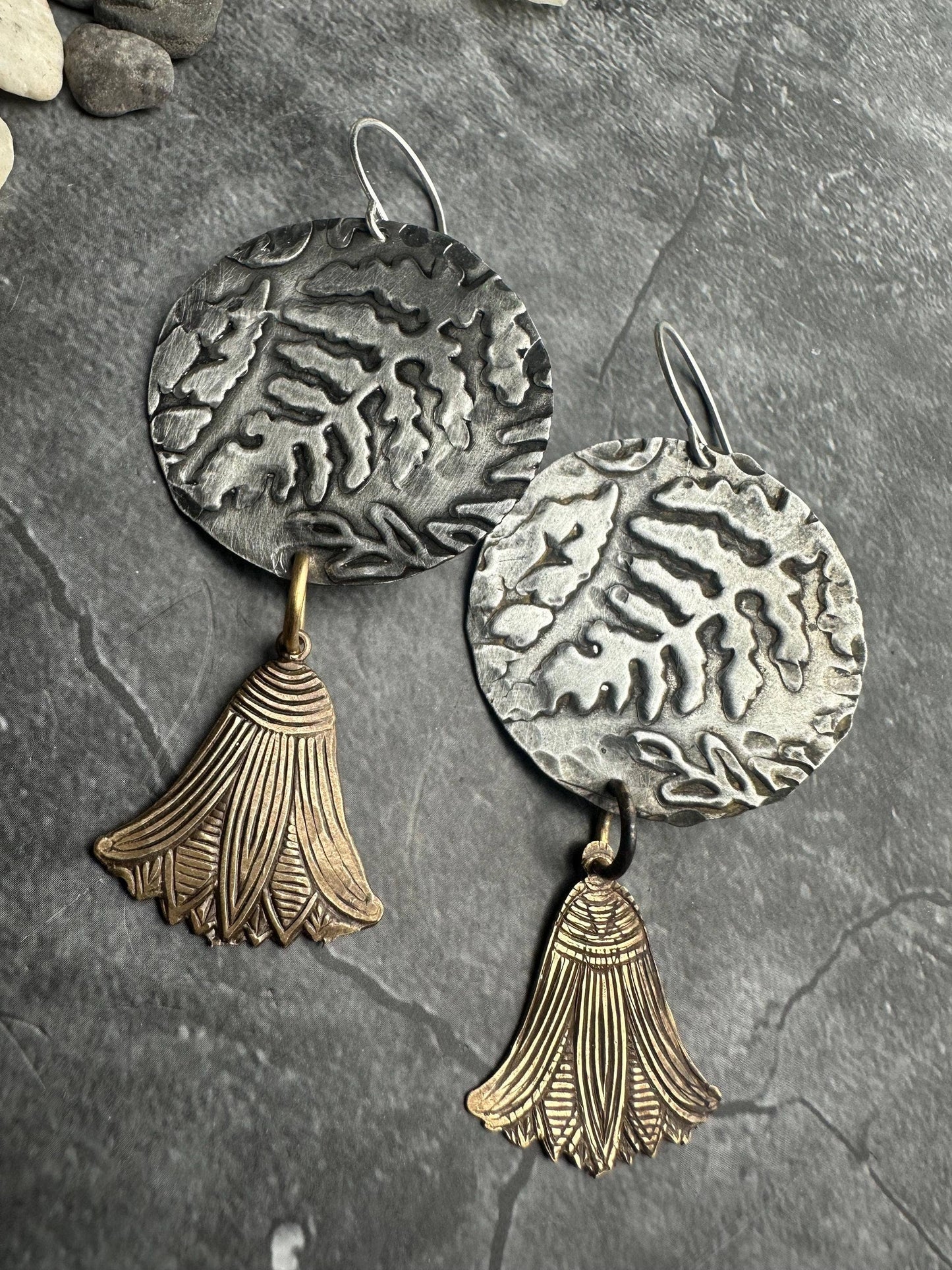 Embossed Fern Pewter Disc Earrings with Brass Drops