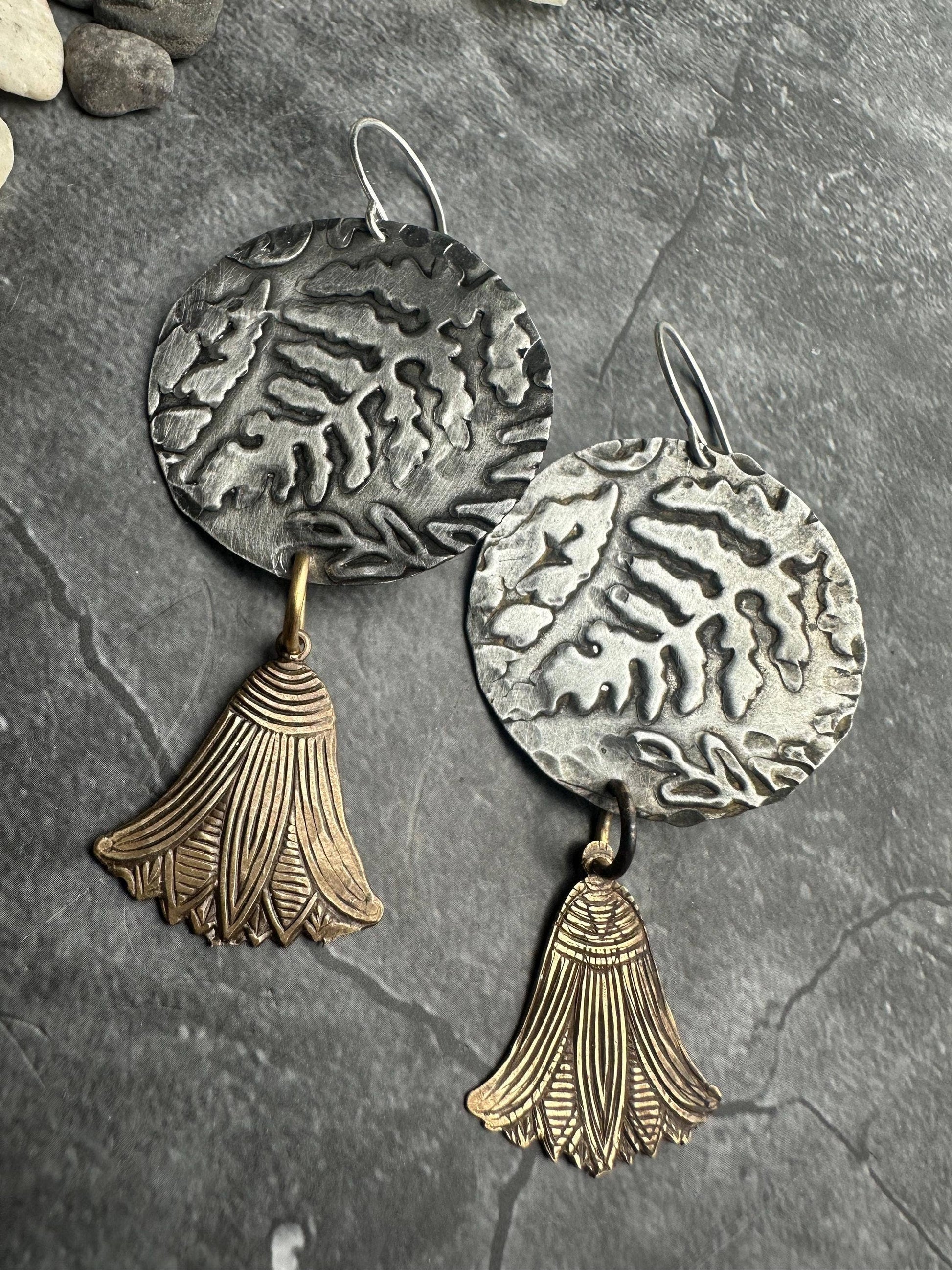 Embossed Fern Pewter Disc Earrings with Brass Drops