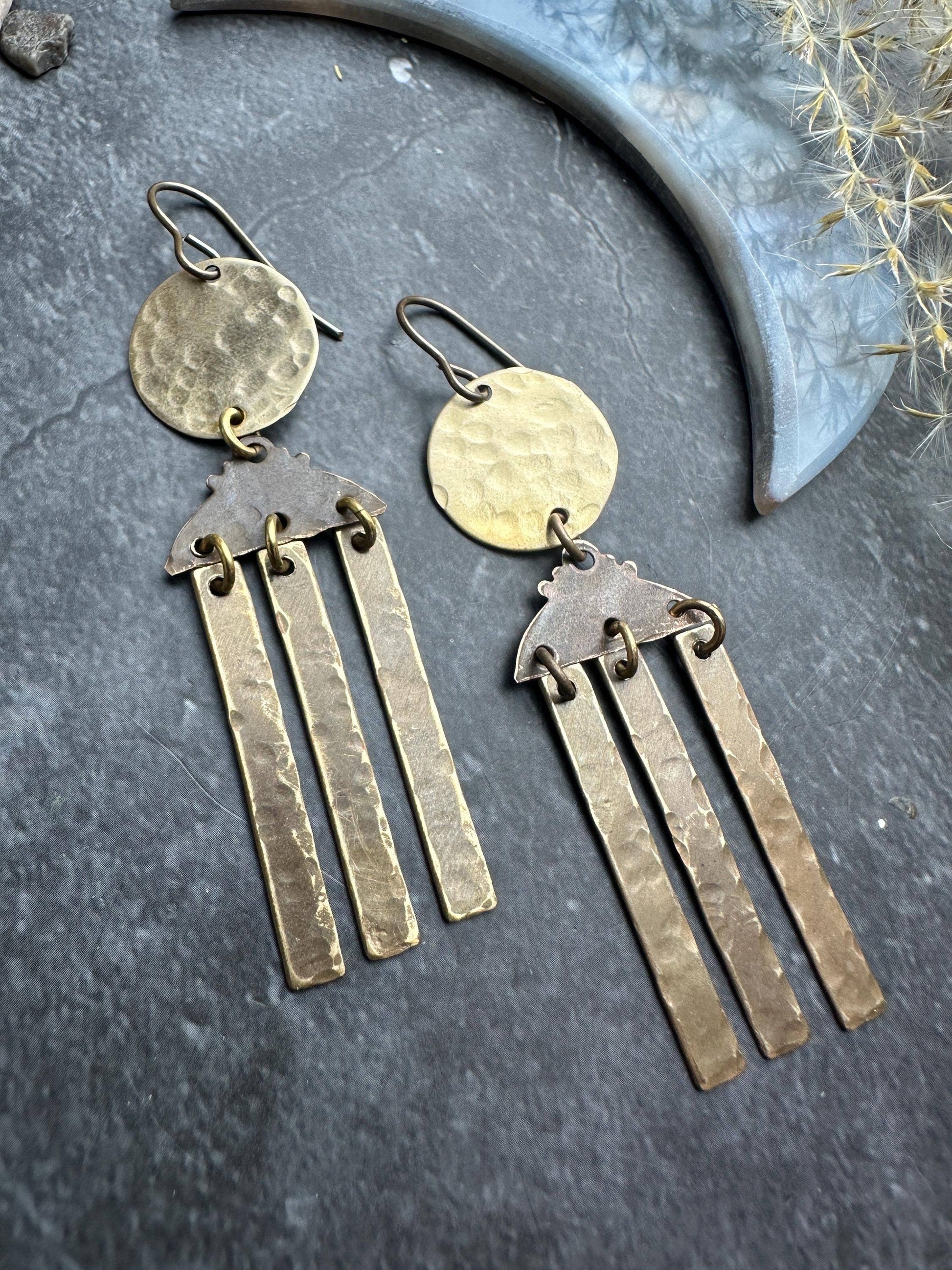 Rising Sun chandelier - Handmade Solid Beaten Brass Earrings