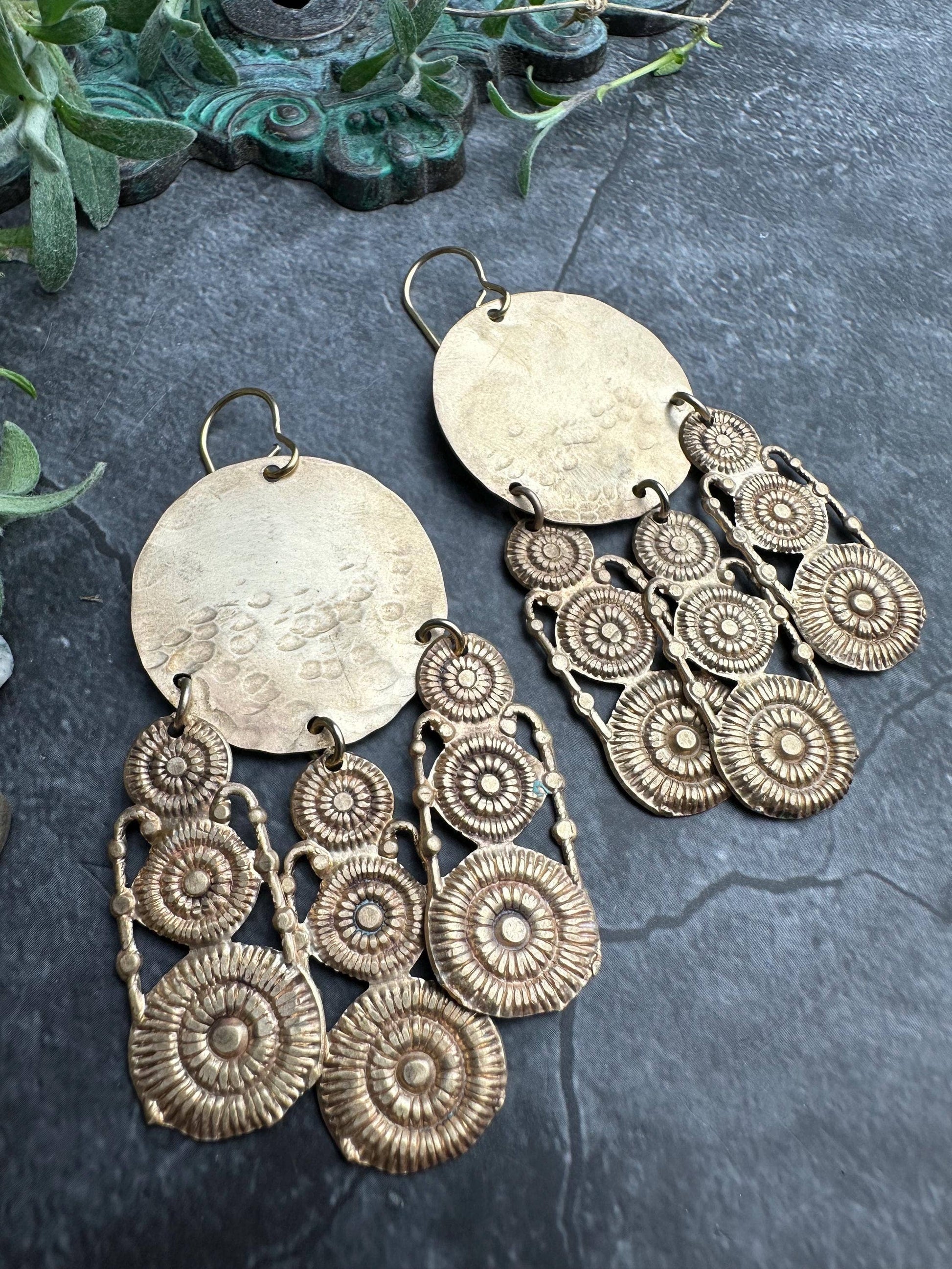 Brass Sunburst Fringe Earrings