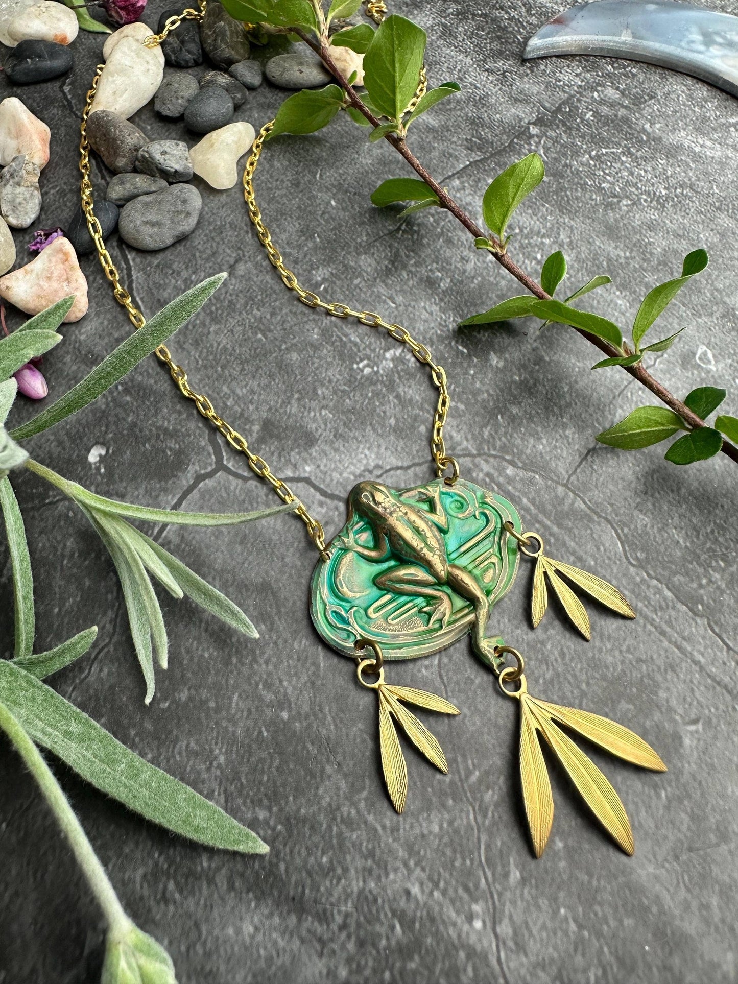 Frog Necklace, Verdigris Brass Pendant, Nature Botanical Sta