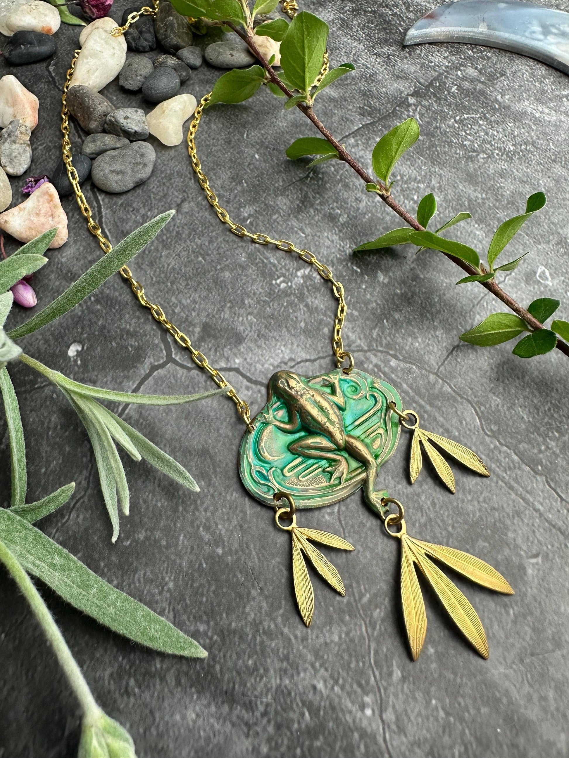 Frog Necklace, Verdigris Brass Pendant, Nature Botanical Sta
