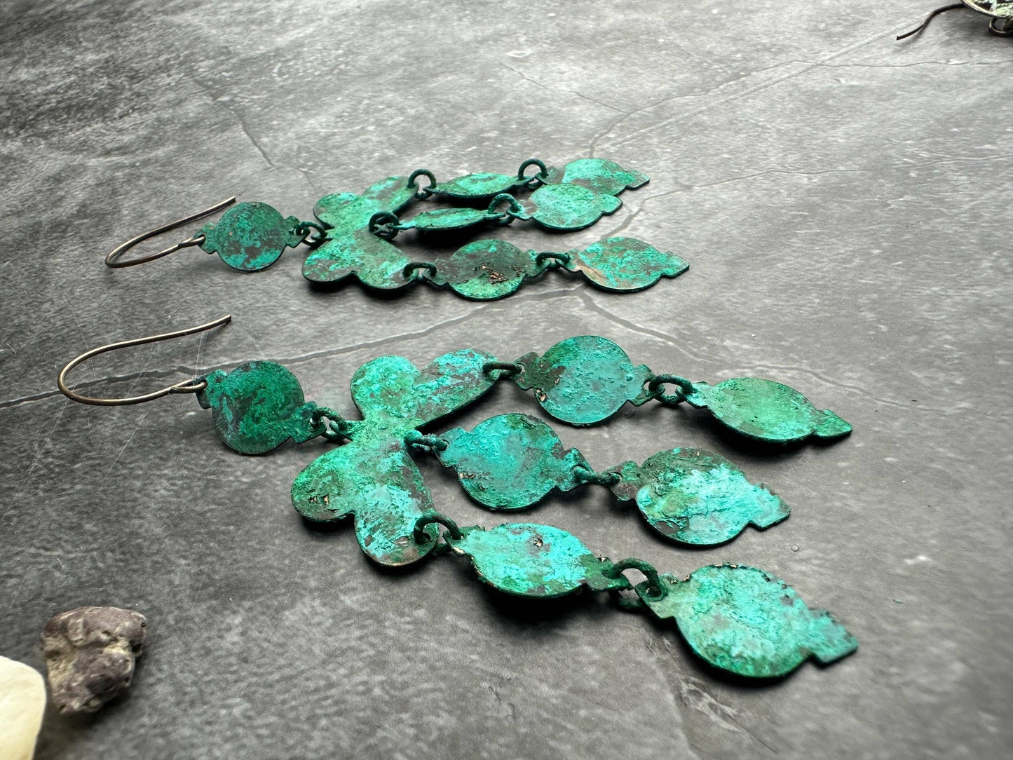 Rustic Silhouette Chandelier Earrings - Brass Green Patina