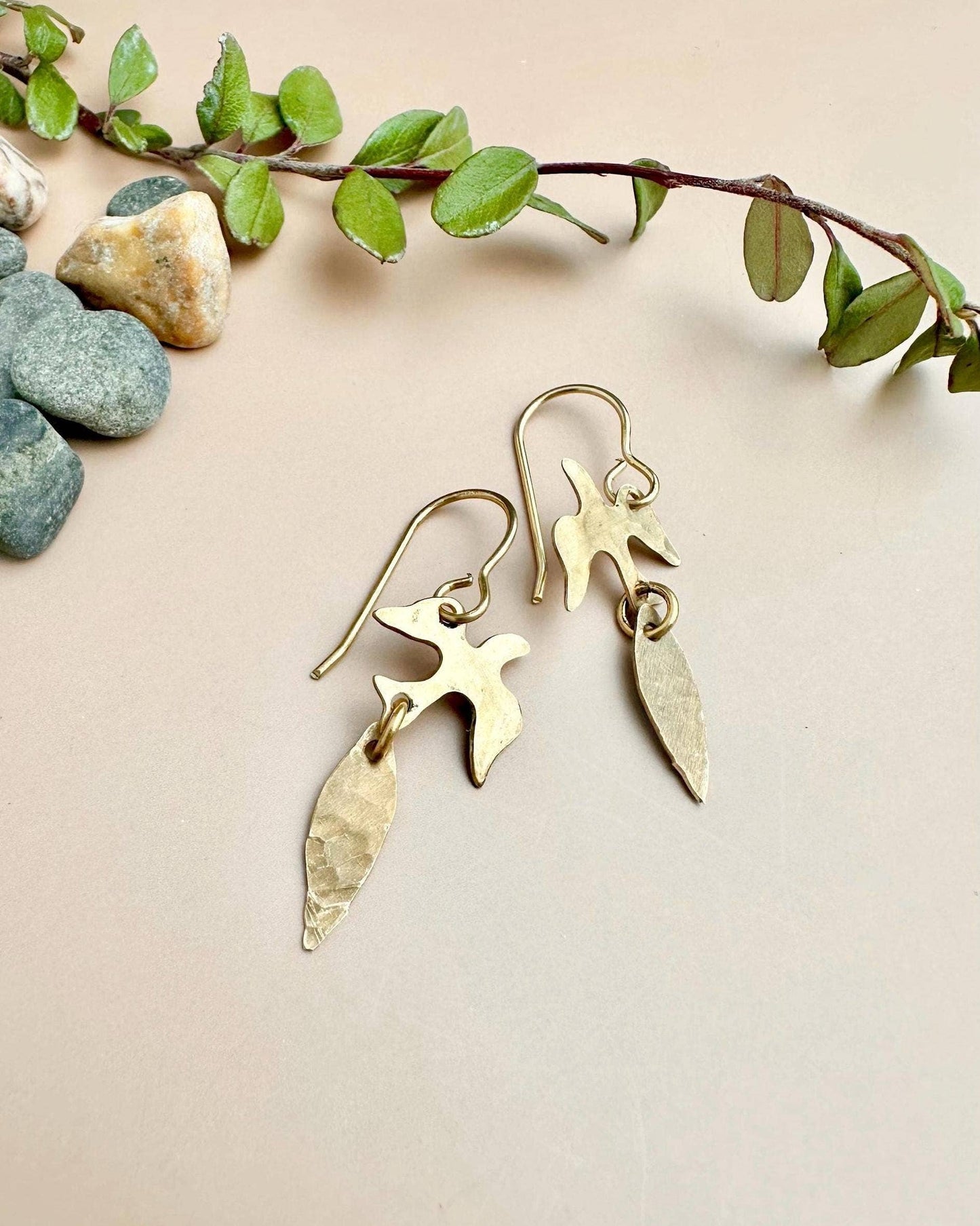 Willow Pond Bird Earrings Mini - Small Brass Leaf Dangles