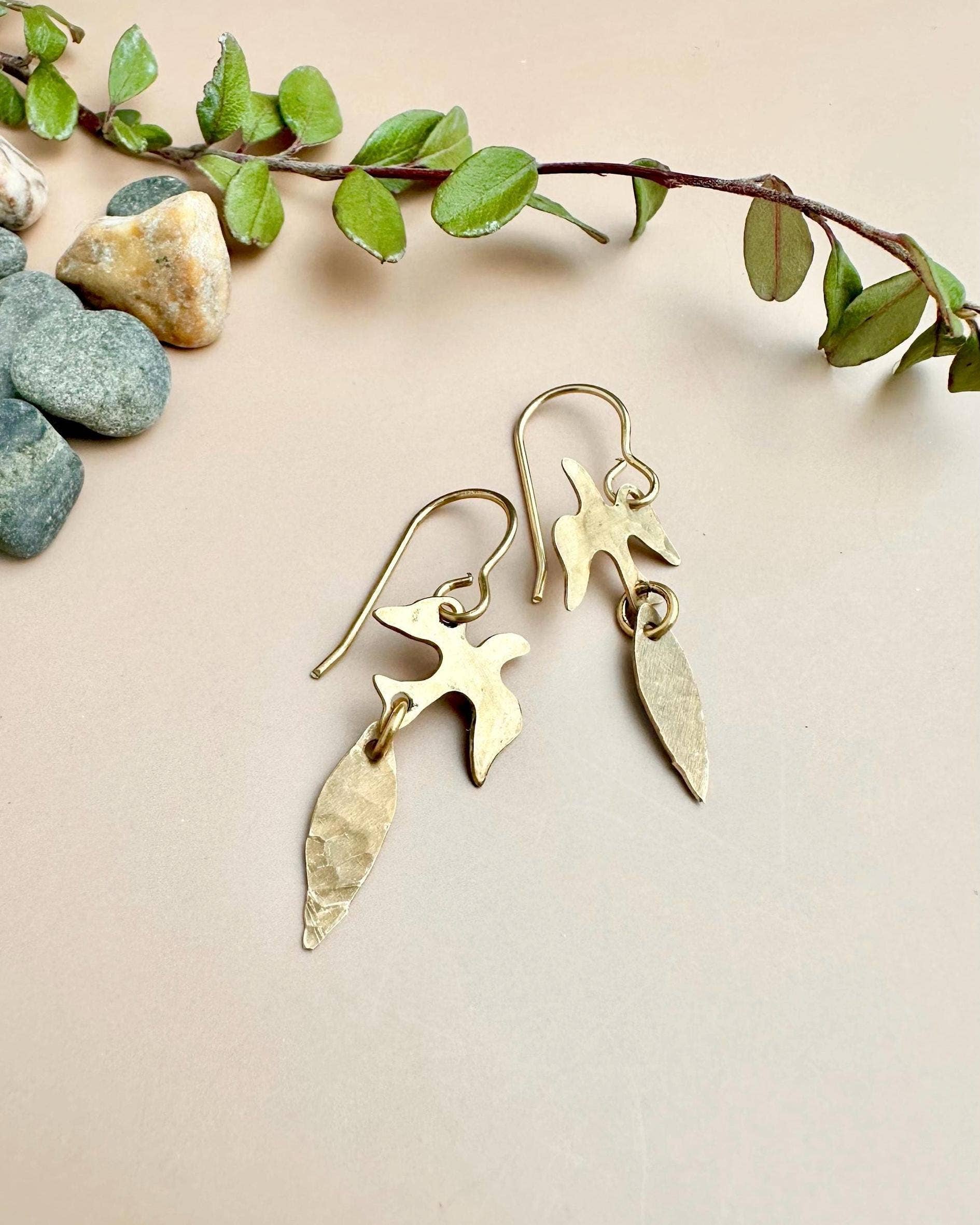 Willow Pond Bird Earrings Mini - Small Brass Leaf Dangles