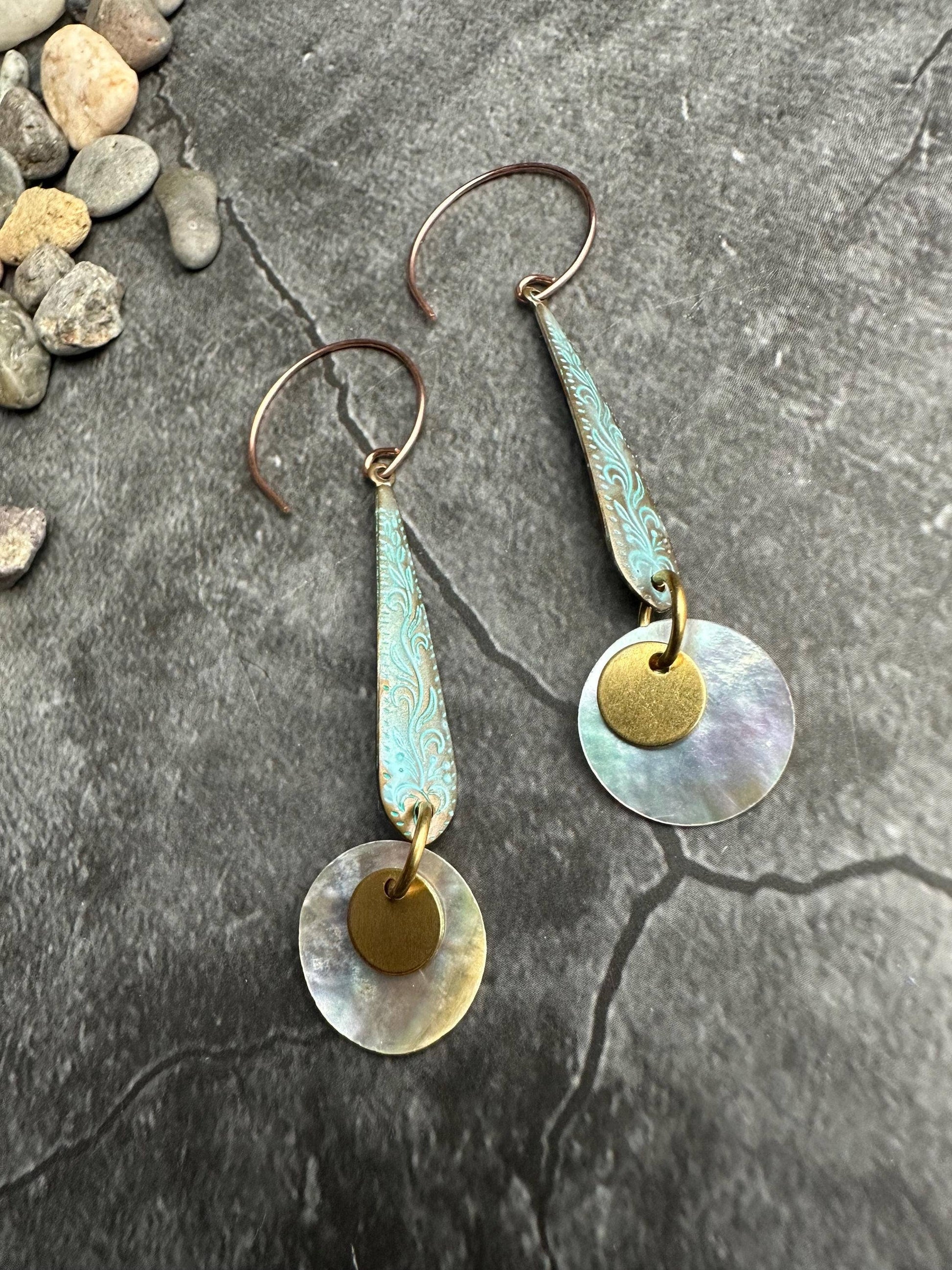Etched Dangle Swirls Earrings - Solid Brass Mother of Pearl