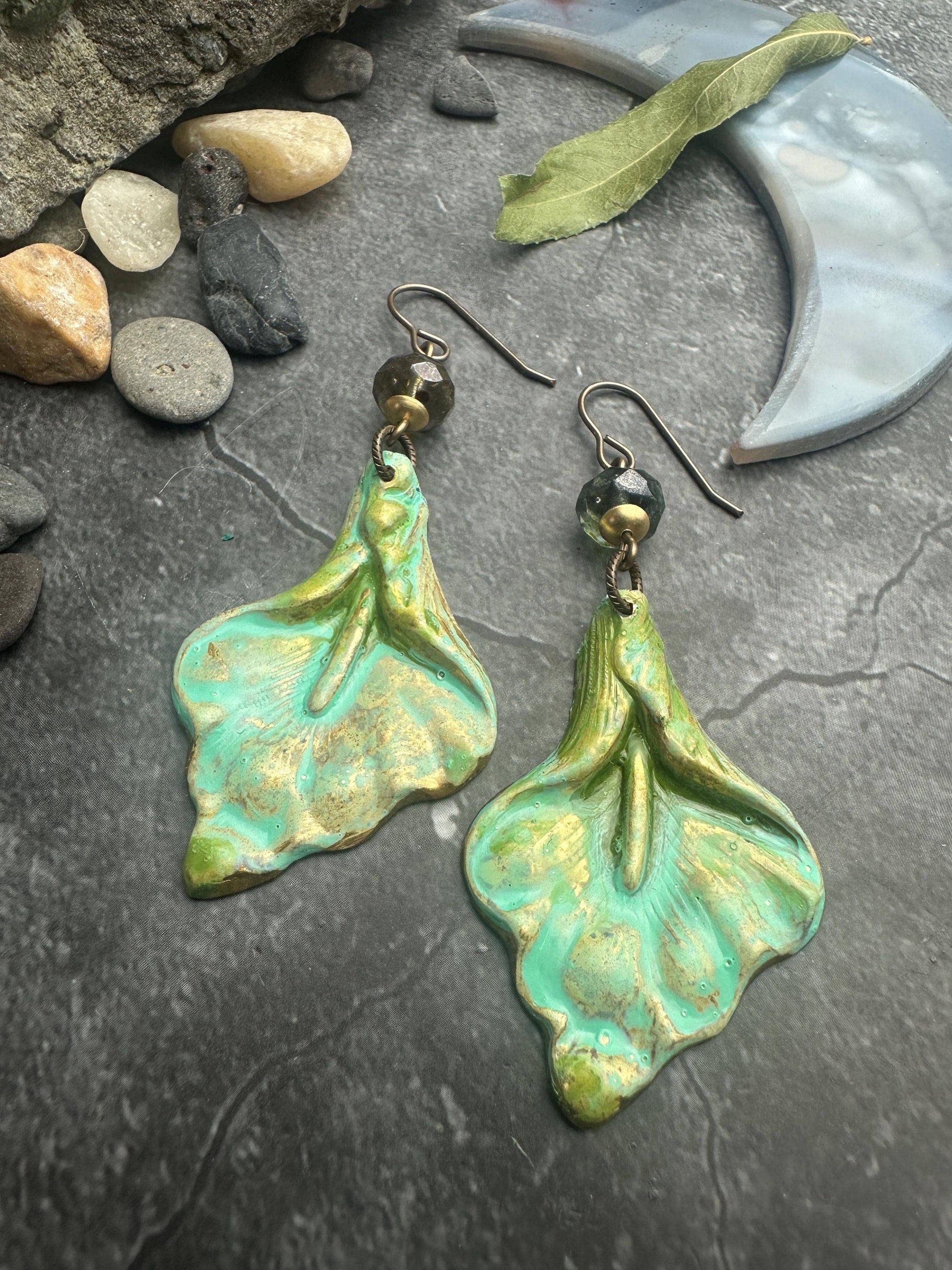Gilded Lily Earrings- Handmade Solid Brass Green Patina