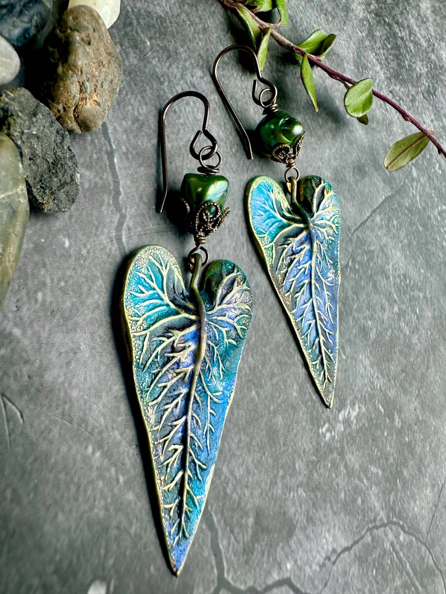 Patina Leaf Earrings with Freshwater Pearl