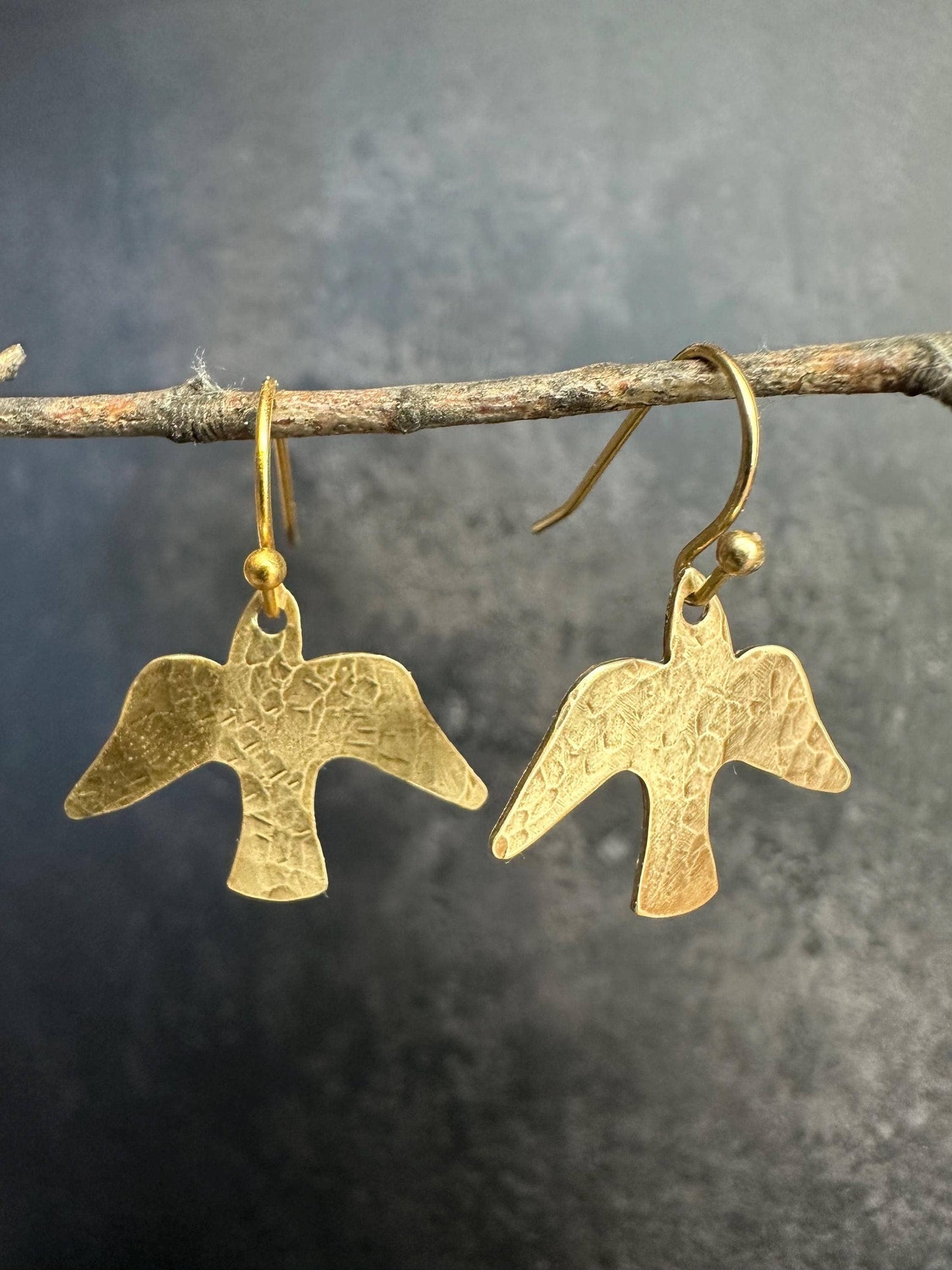 Minimal Bird Earrings - Small Hammered Brass Sparrow Drops