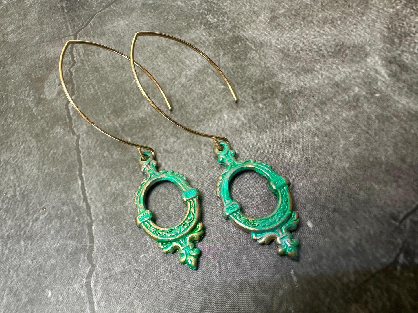 Victorian Frame Earrings Oval Garden Window - Handmade Solid Brass Green Hand Patina