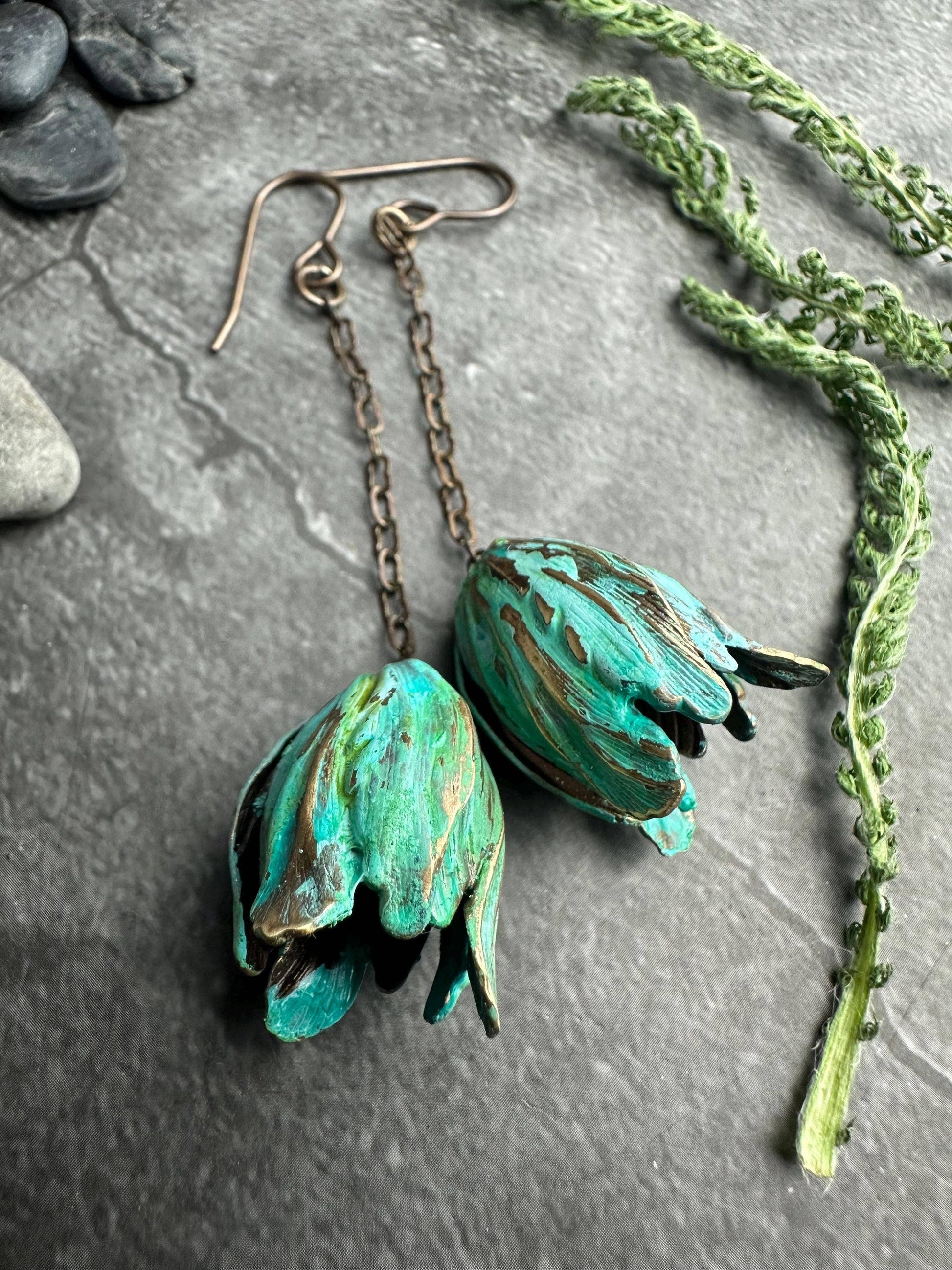 Verdigris Flower Drop Earrings