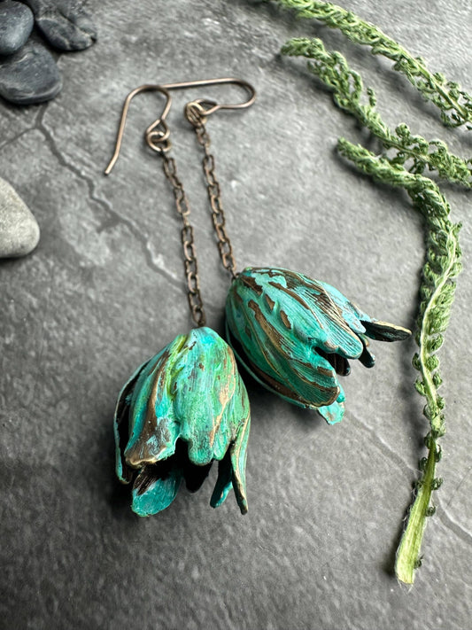 Verdigris Flower Drop Earrings