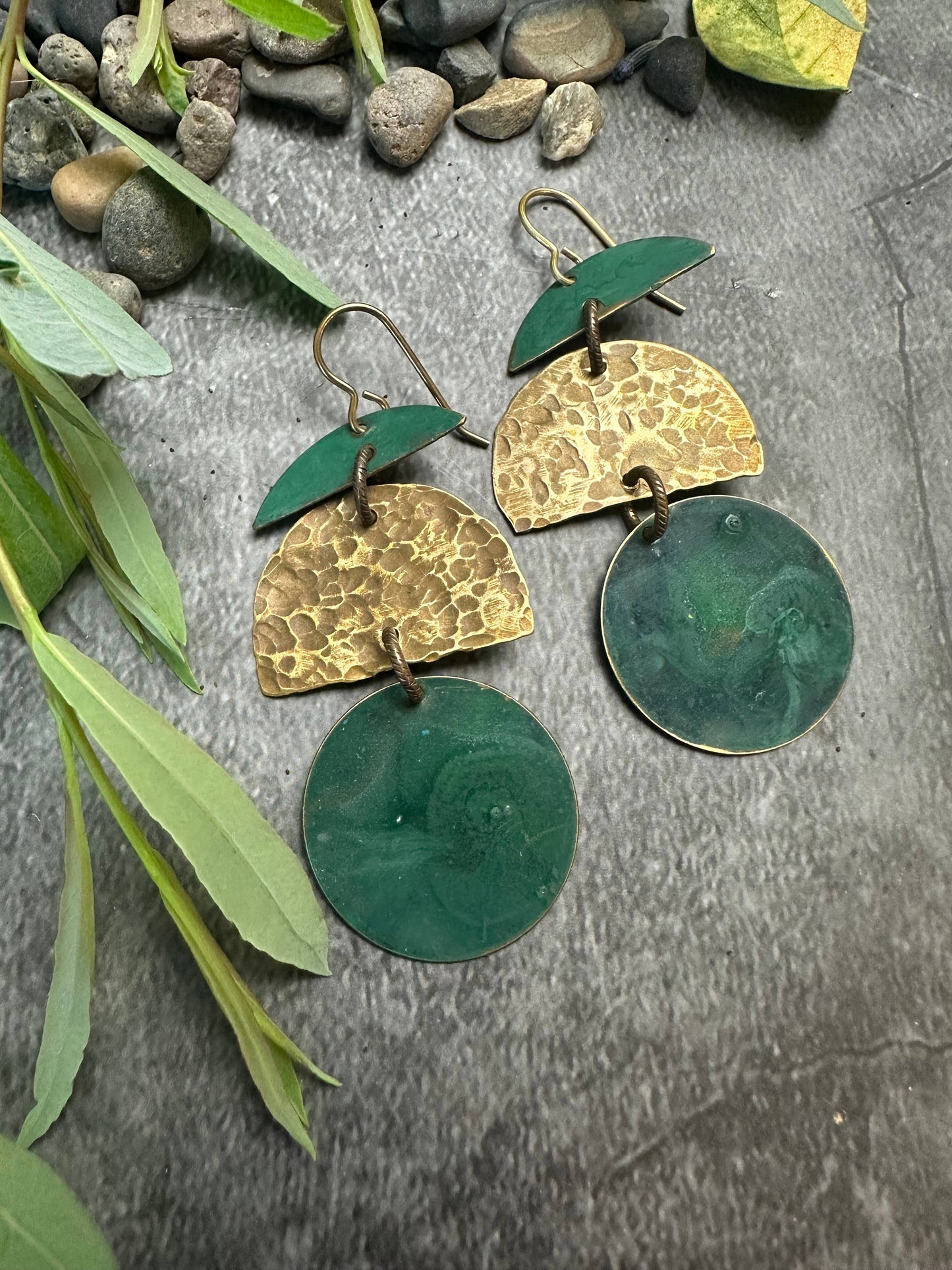 Geometric Shape Earrings- Handmade Solid Beaten Patina Brass
