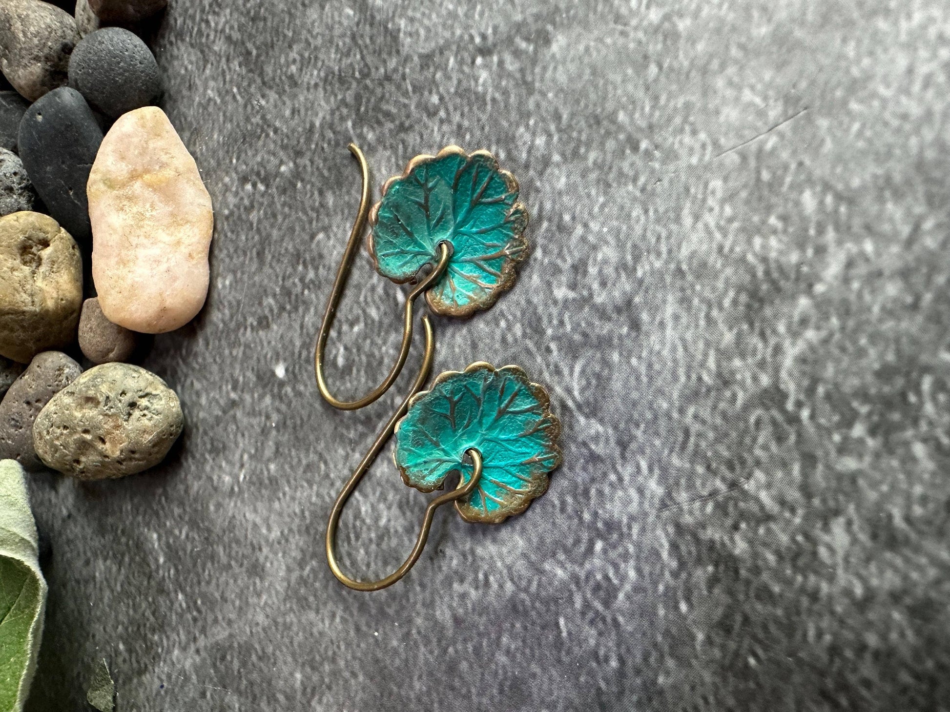 Lily Pad Leaf Earrings - Brass with Tiffany Green Patina