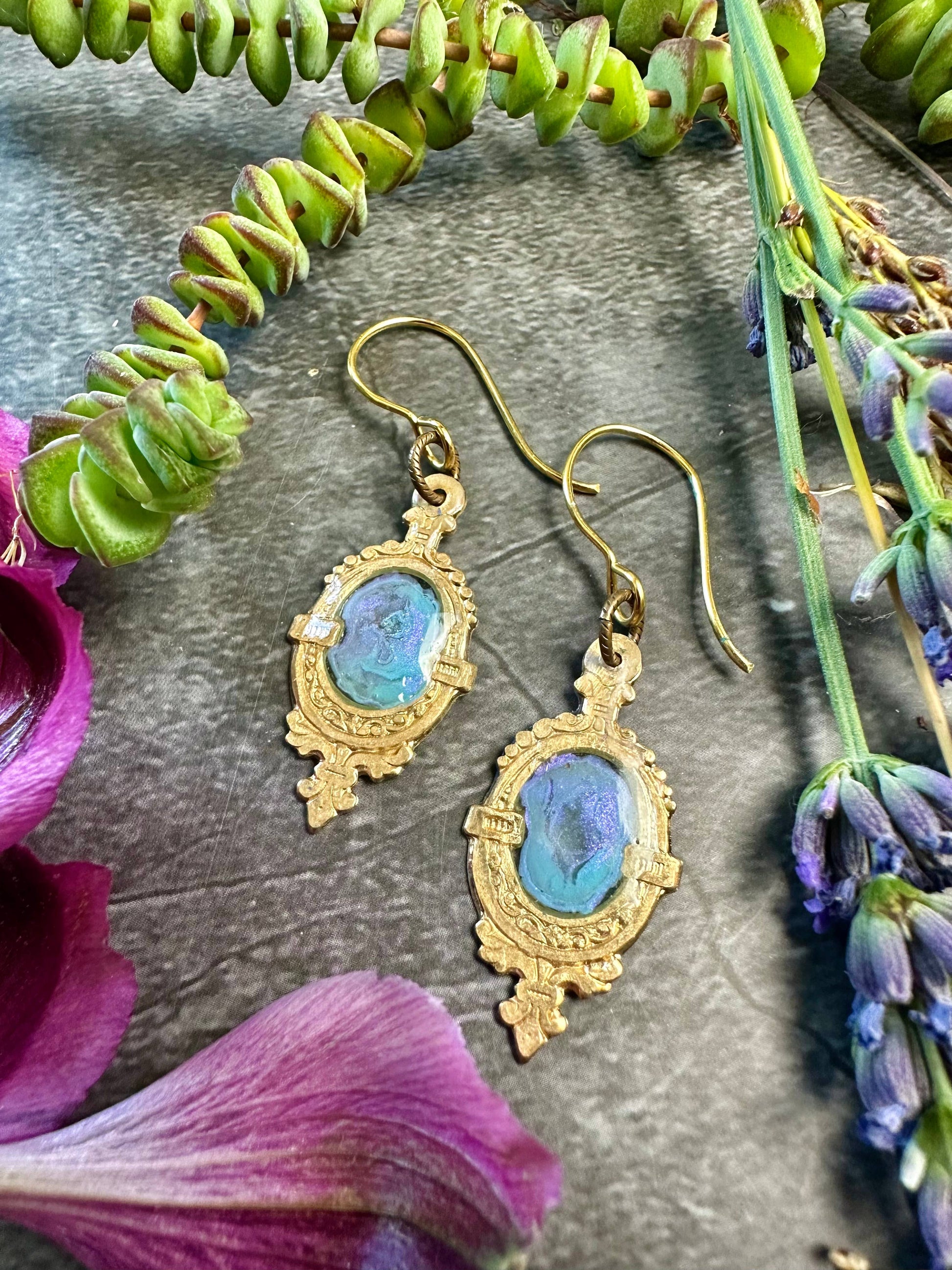 Gilded Pool Iridescent Earrings- Hand Beaten Brass Resin
