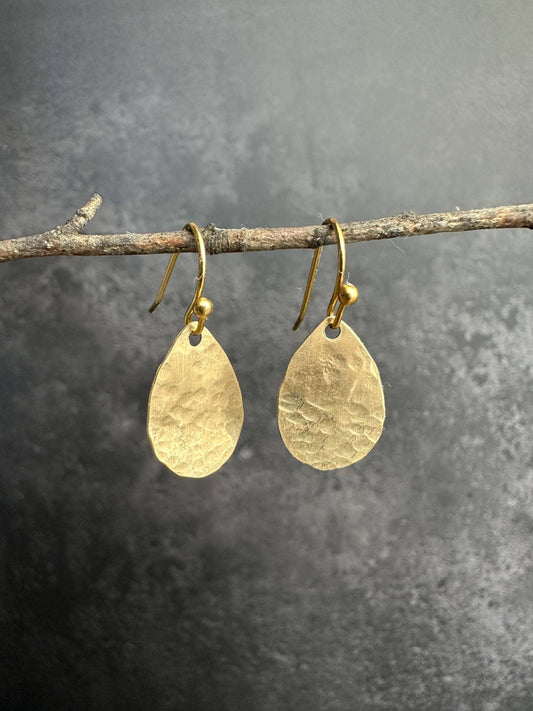 Shimmering Tear Drop Beaten Brass Earrings -