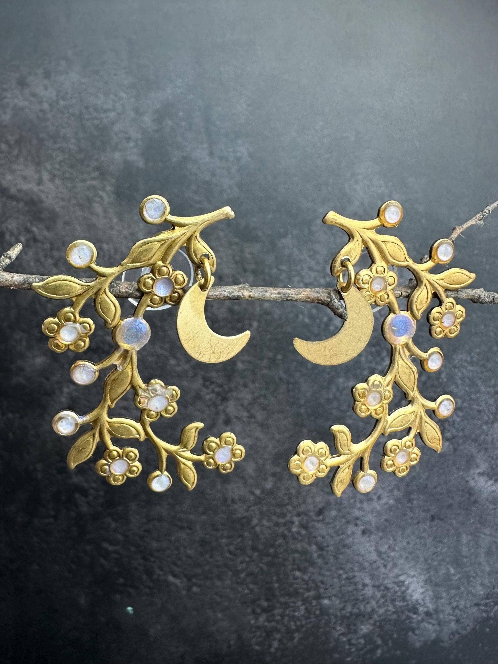 Botanical Branch Crescent Earrings, Iridescent Resin Detail