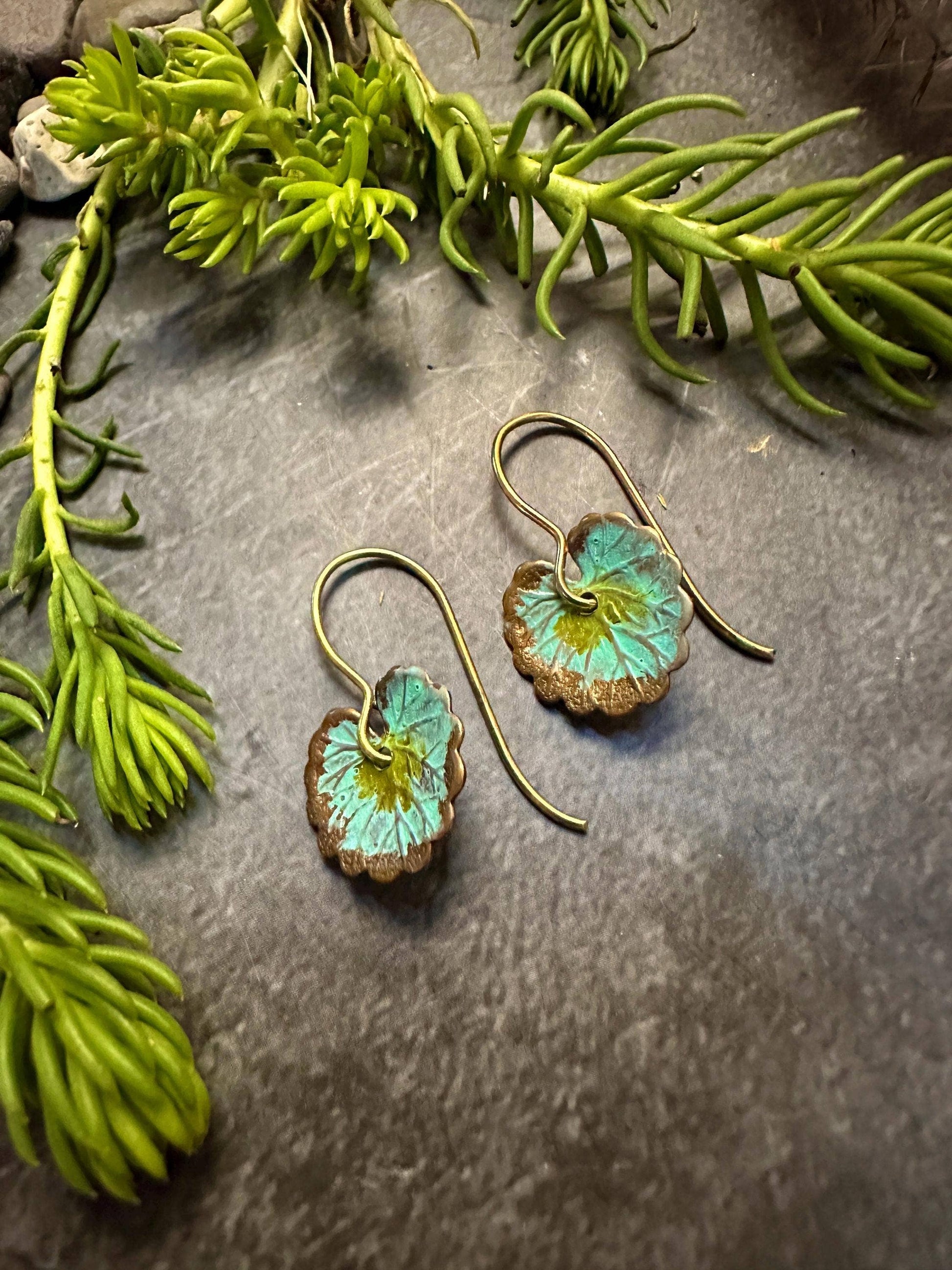 Lily Pad Leaf Earrings - Handcrafted Brass with Green Patina