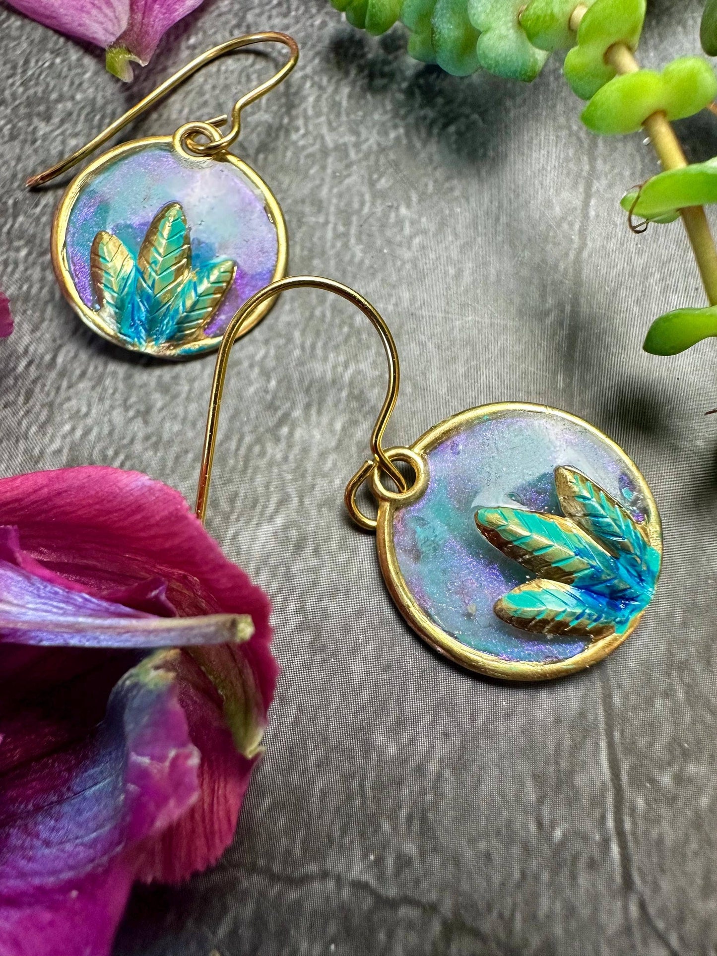 Lotus Leaf Earrings - Iridescent Patina Hand Colored Resin