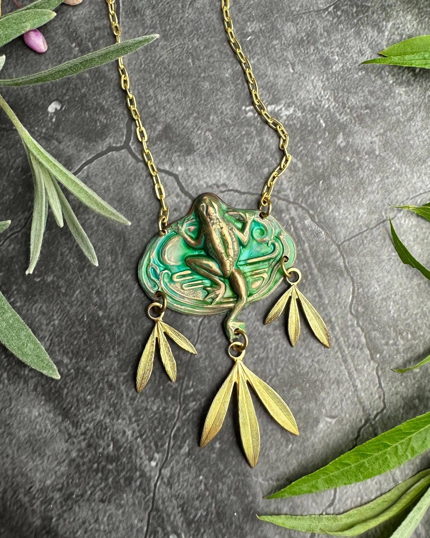 Frog Necklace, Verdigris Brass Pendant, Nature Botanical Sta
