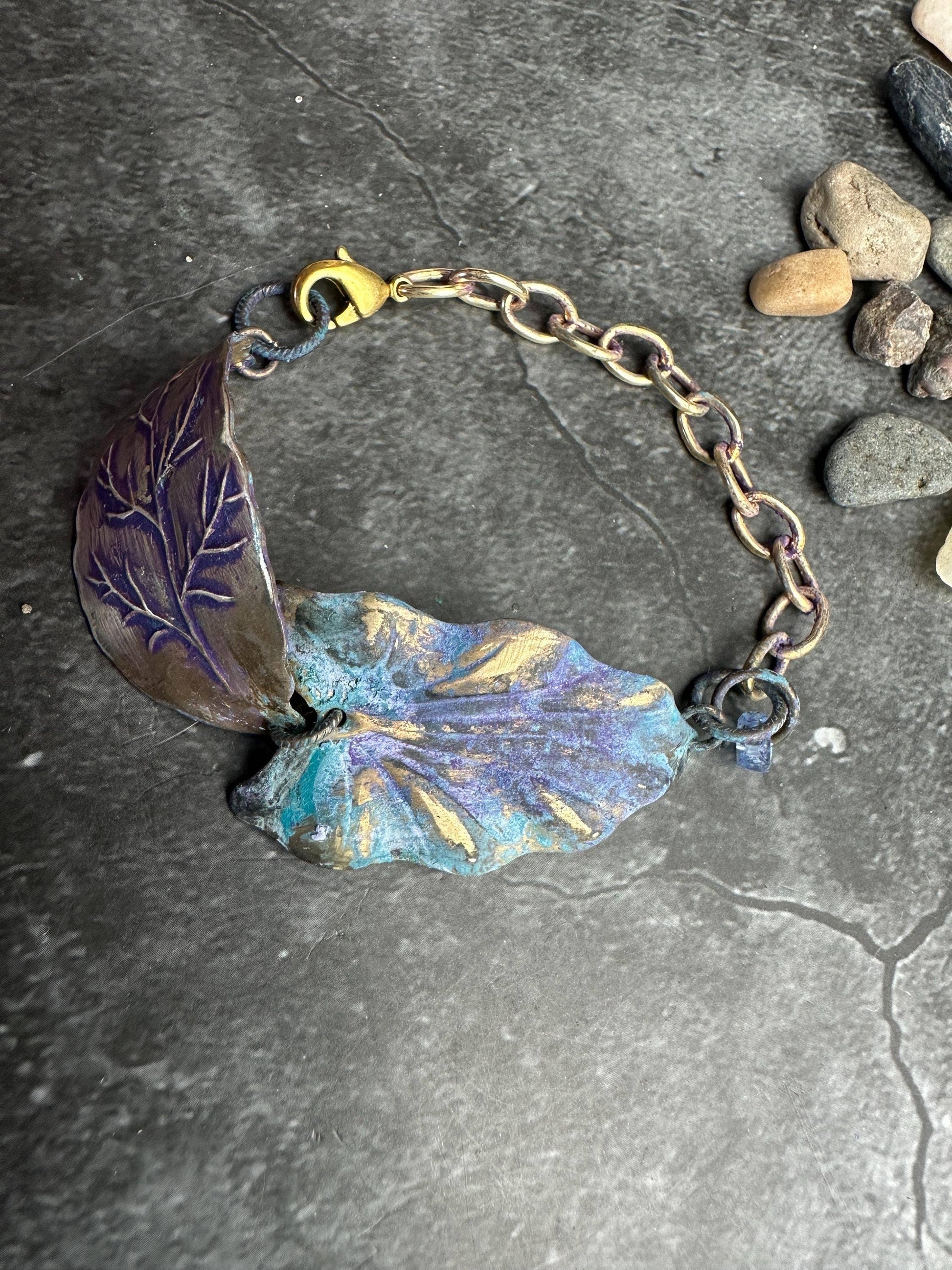 Pressed Leaf Bracelet - Solid Brass with Purple Patina