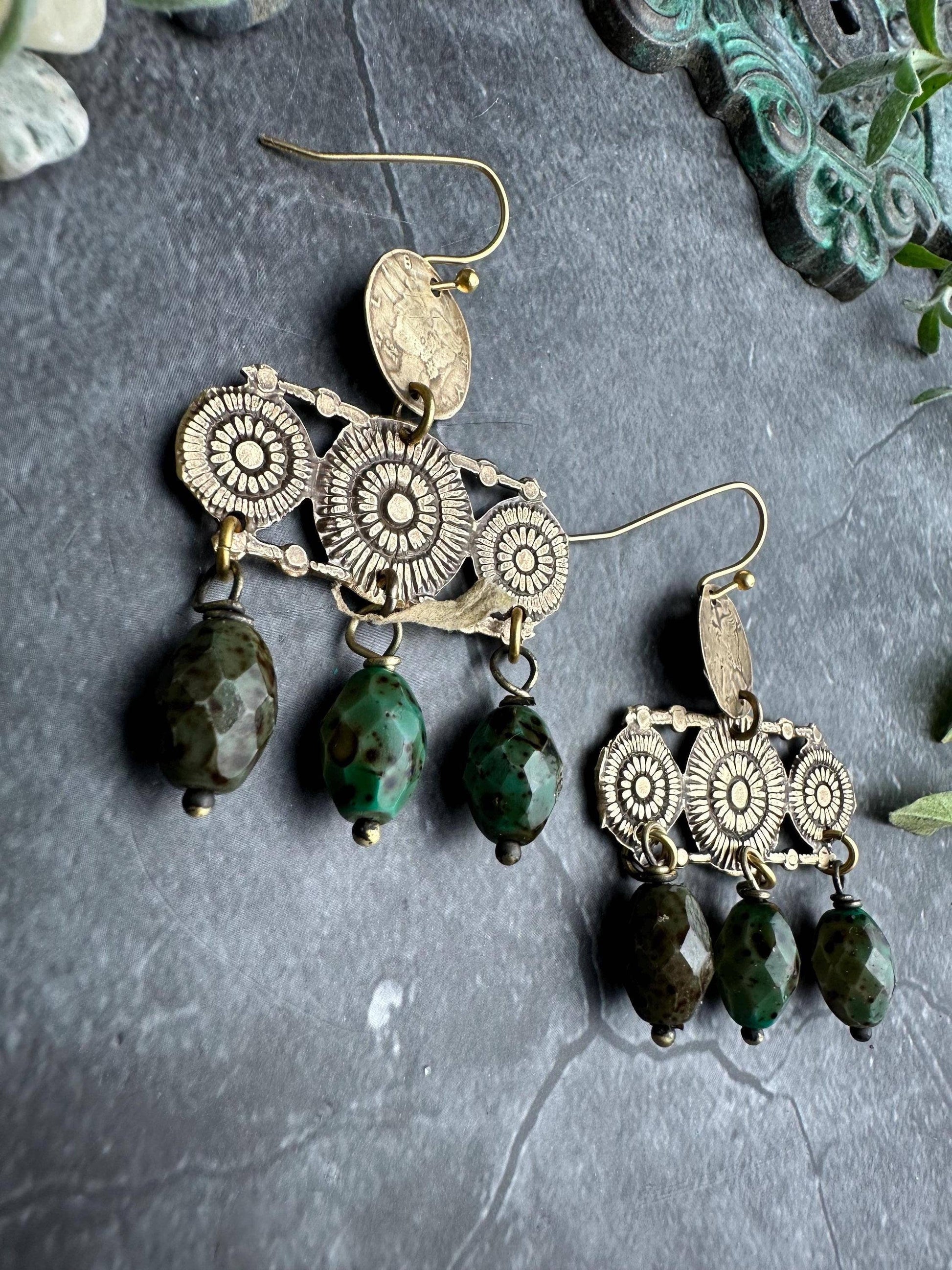 Sunburst Chandelier Earrings with Green Jasper Art Glass