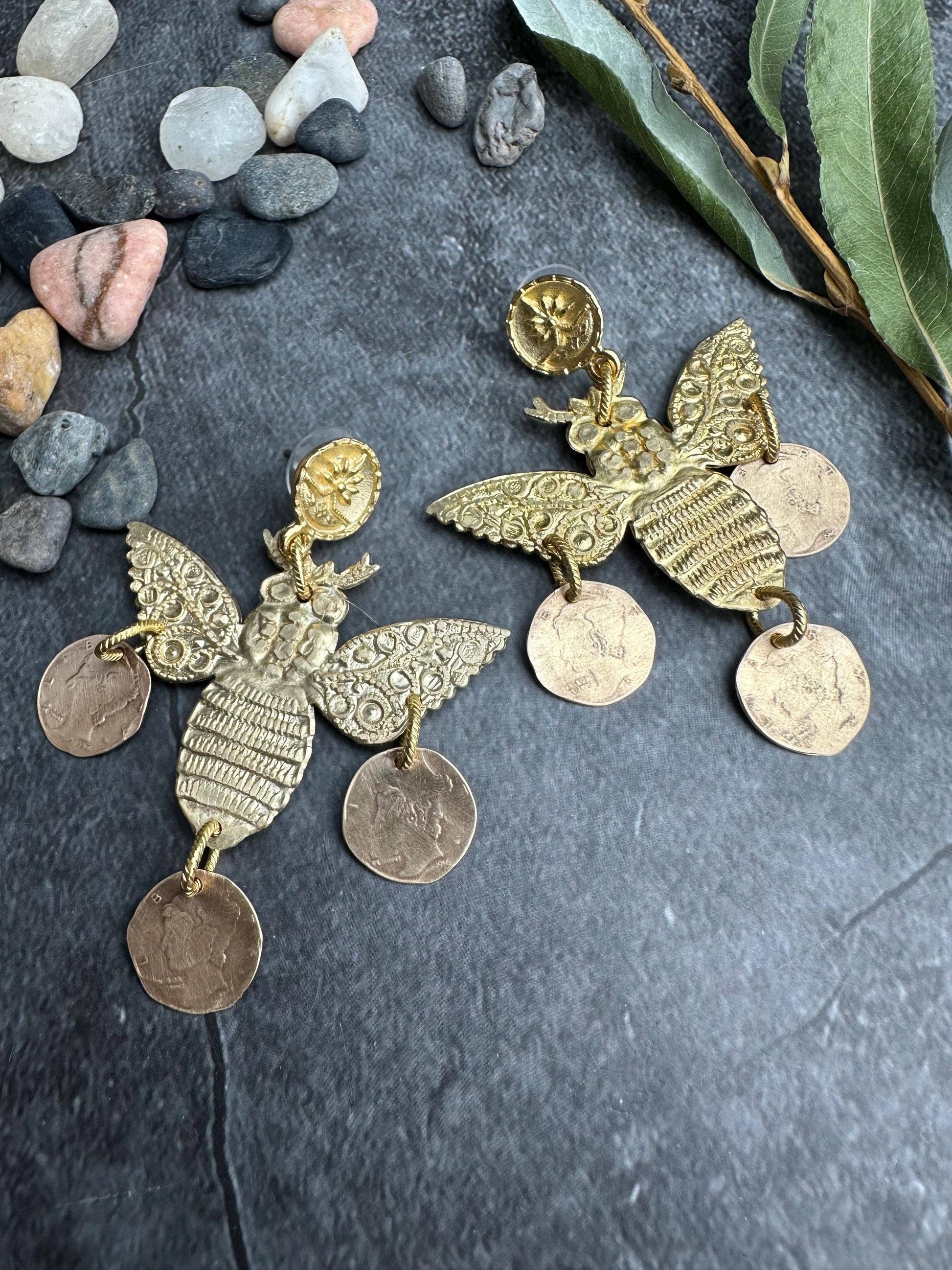 Bee Chandelier Earrings - Minoan Inspired Brass Post Dangle