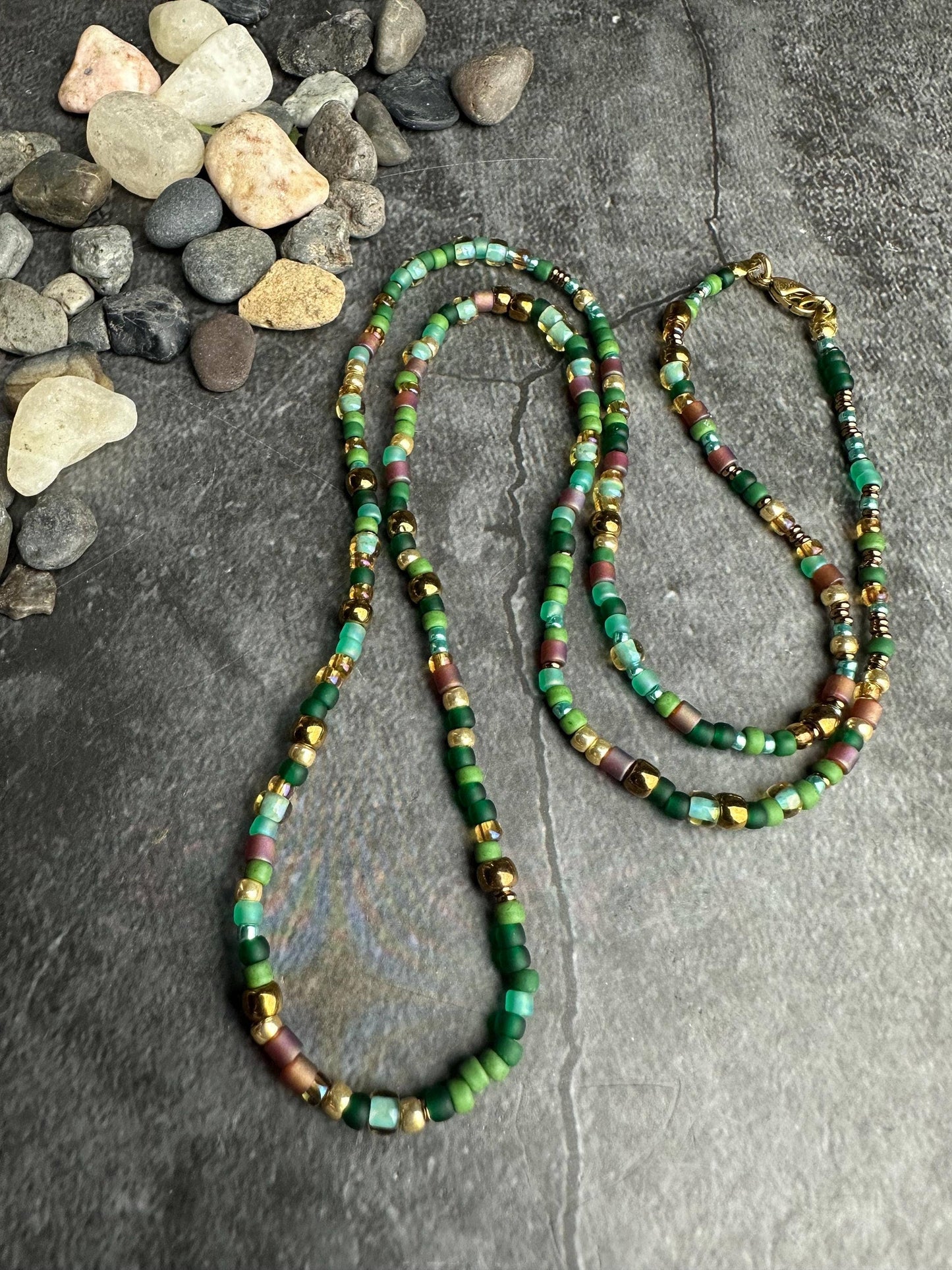 Seed Bead Necklace - Green Brown Layering Necklace