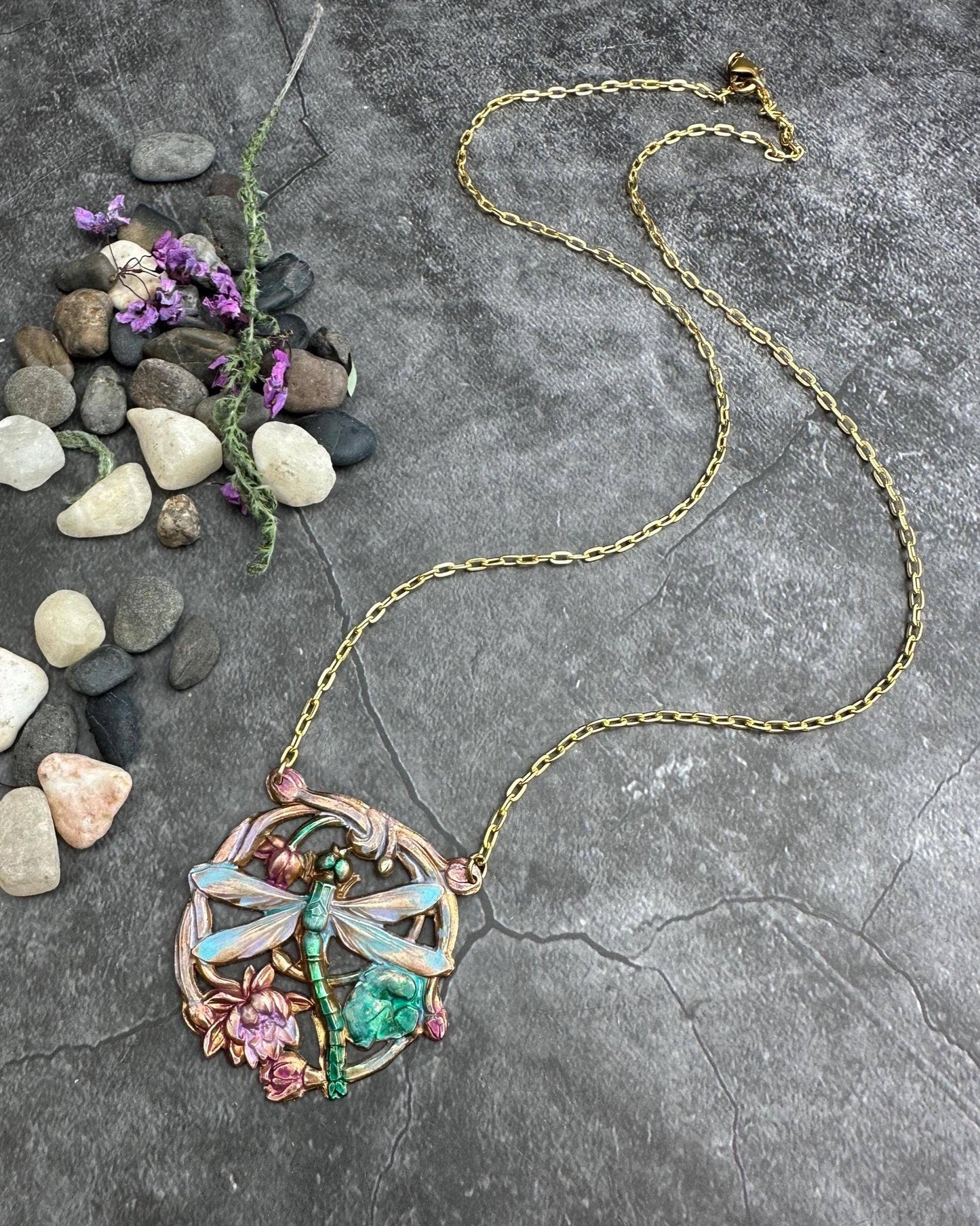 Dragonfly Pendant Necklace, Iridescent Patina Brass, Art Nou