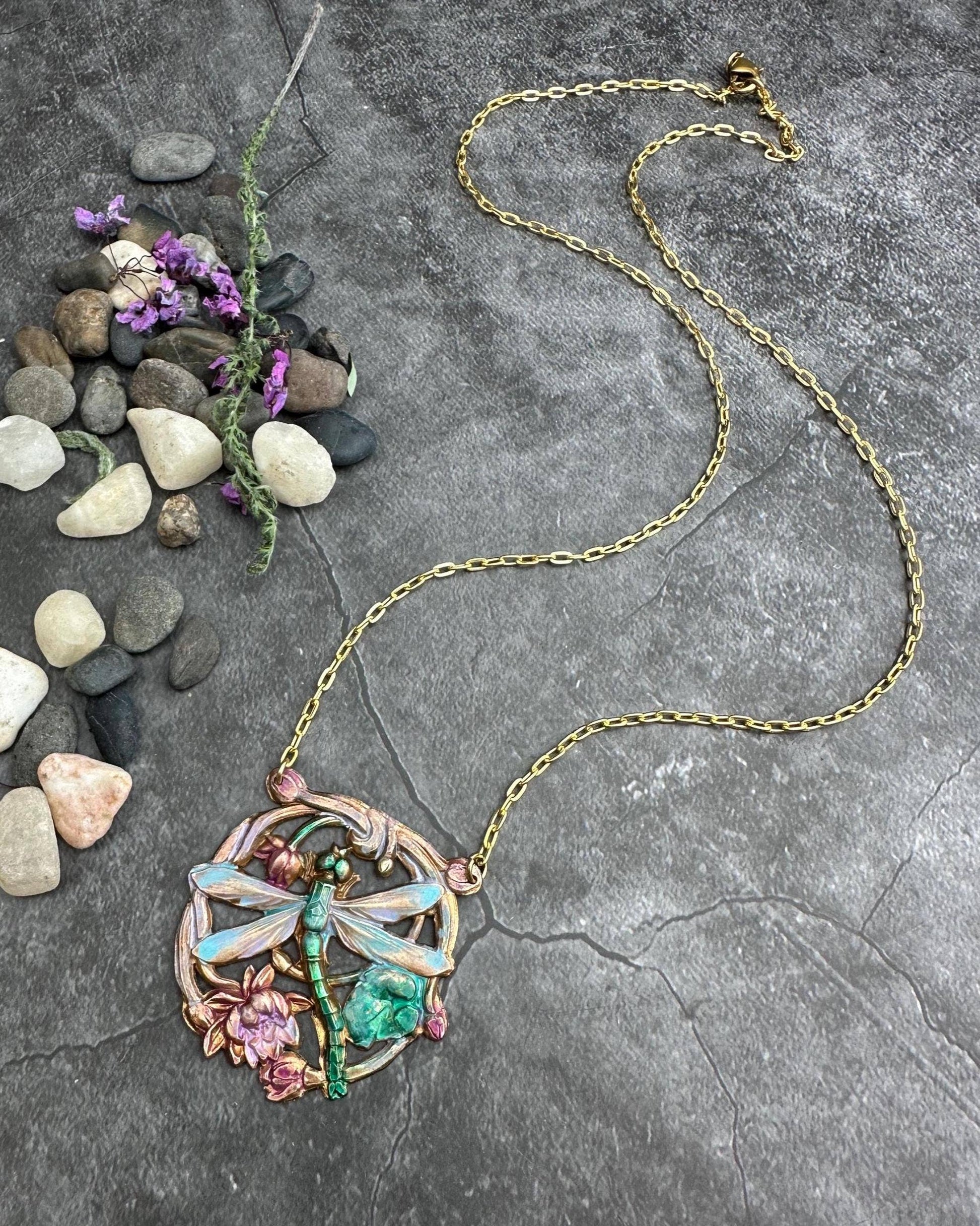 Dragonfly Pendant Necklace, Iridescent Patina Brass, Art Nou