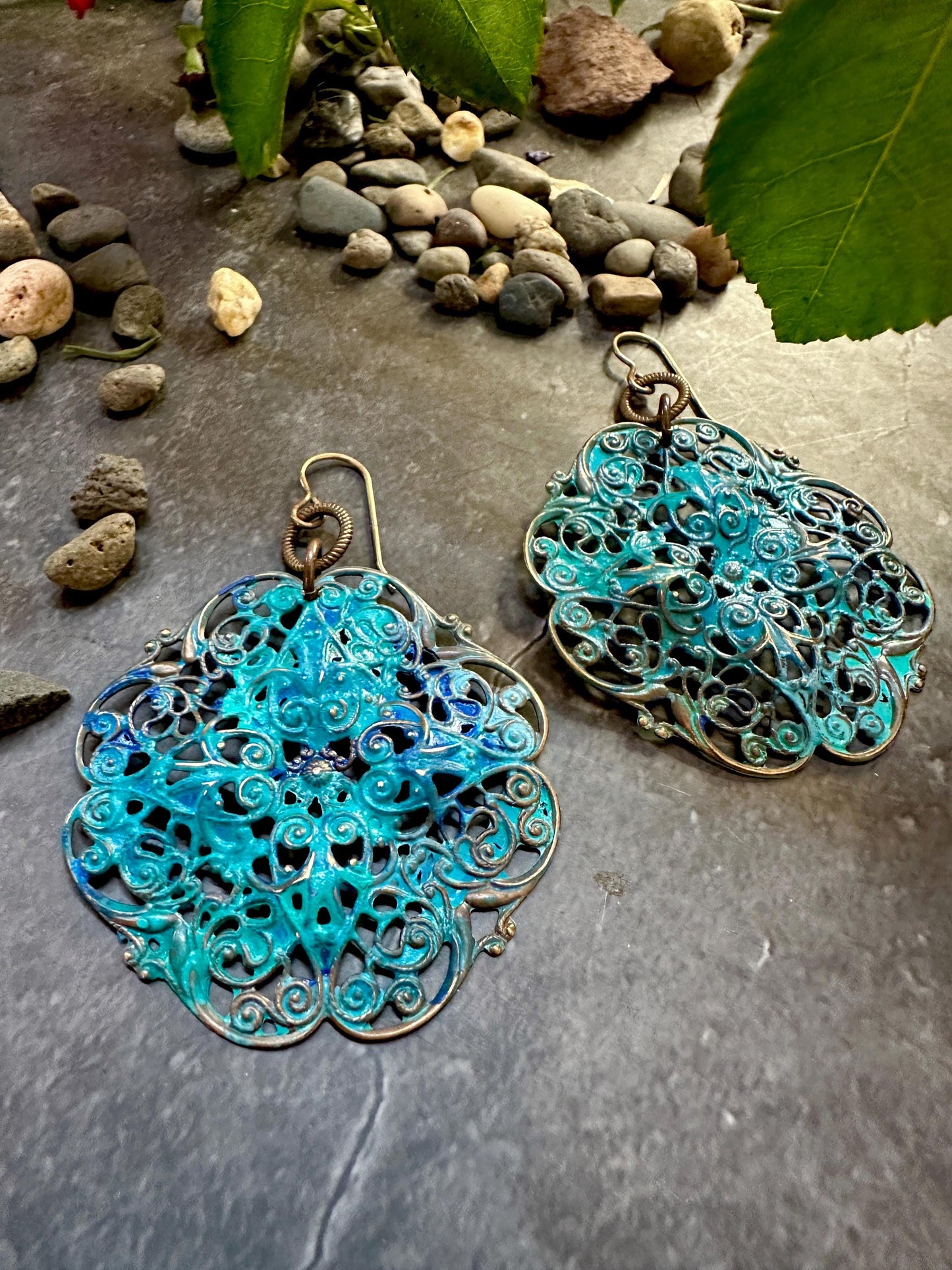 Garden Filigree Earrings- Handmade Solid Brass Hand Patina