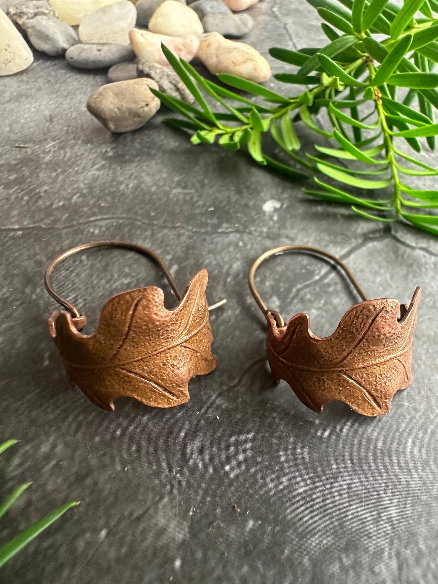 Oak Leaf Mini Hoop Earrings - Hand formed Copper
