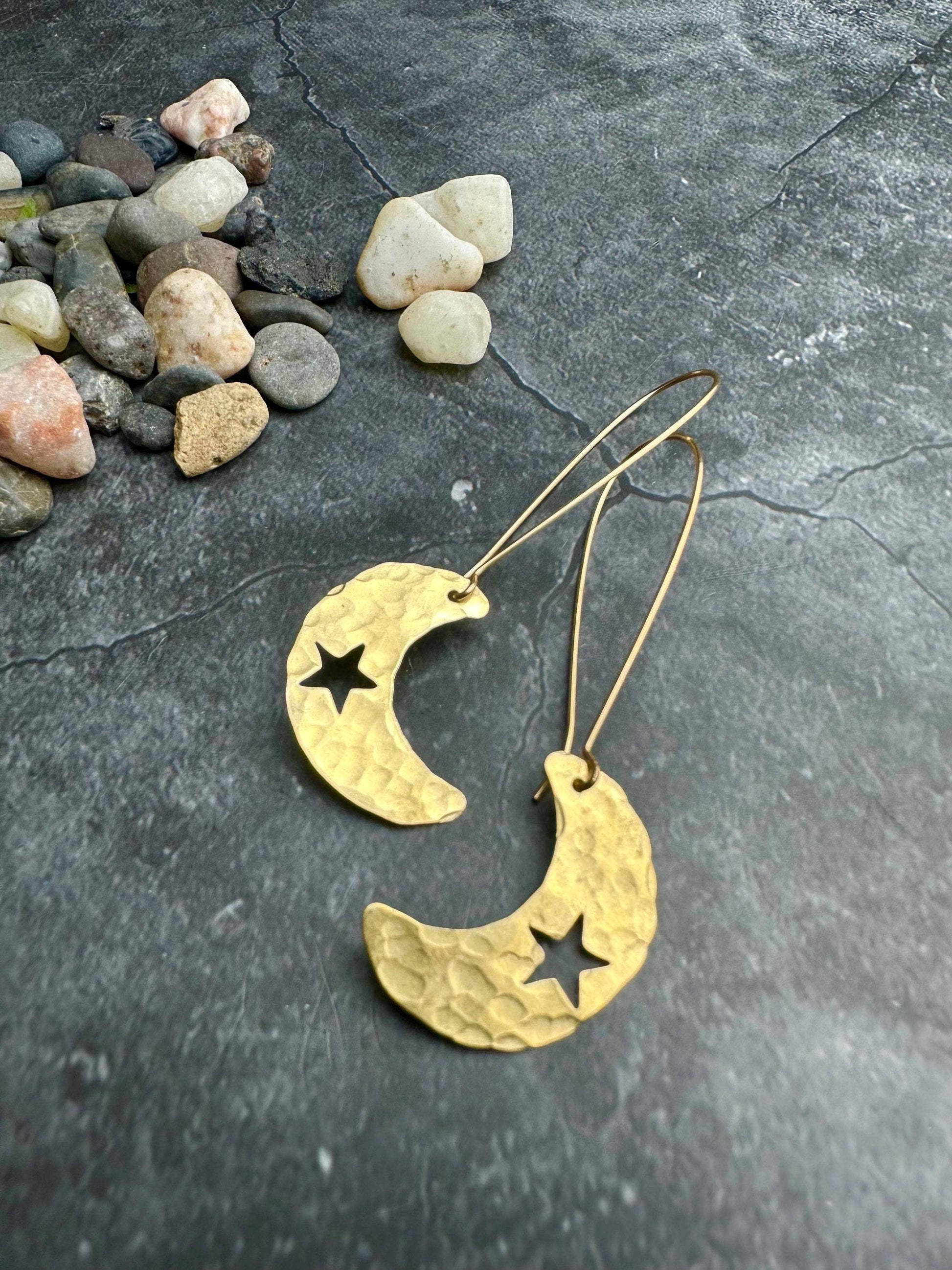 Handcrafted Celestial Crescent Moon Earrings - Beaten Brass