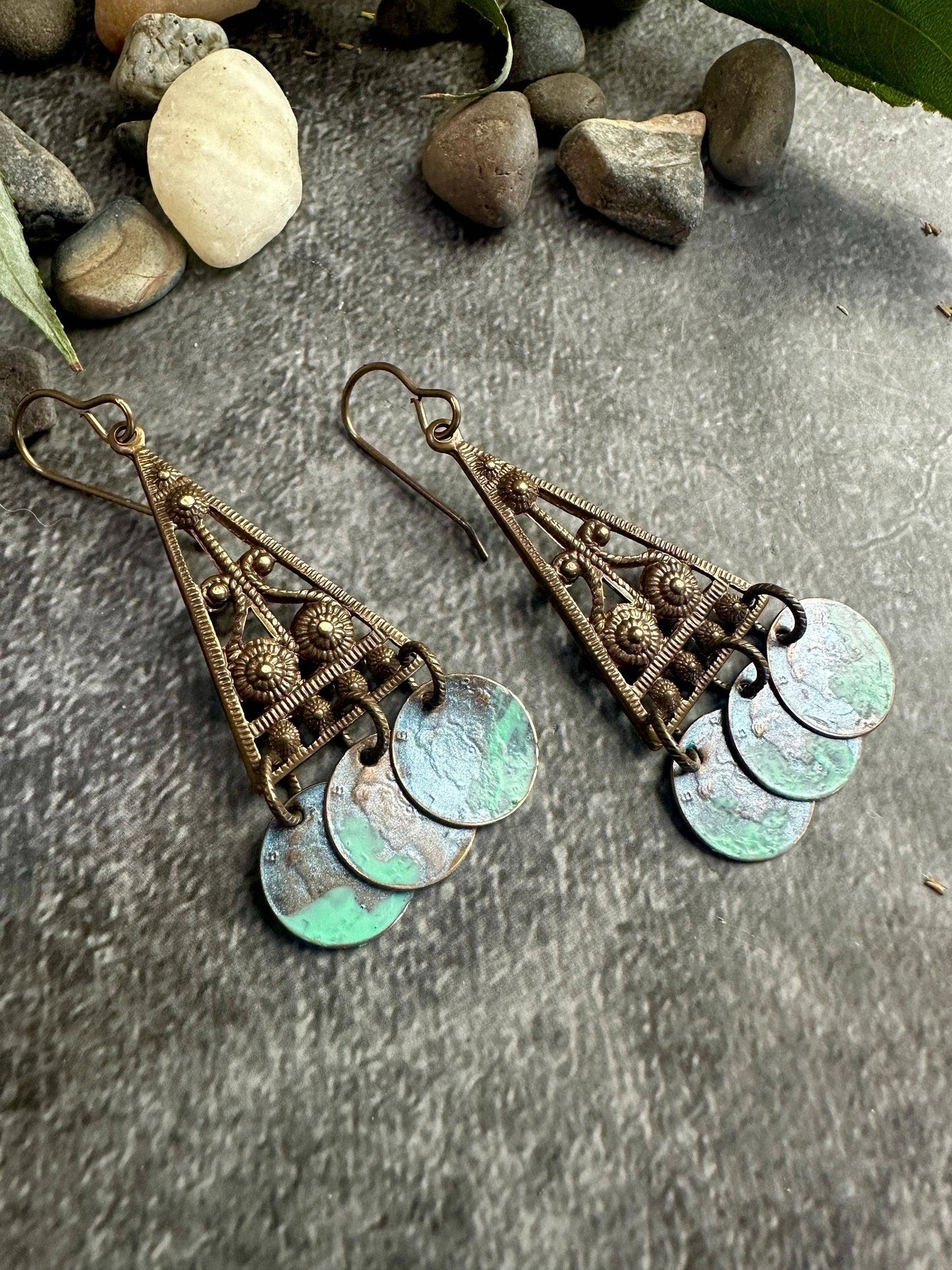 Sacred Triangle Coin Earrings - Patina Brass