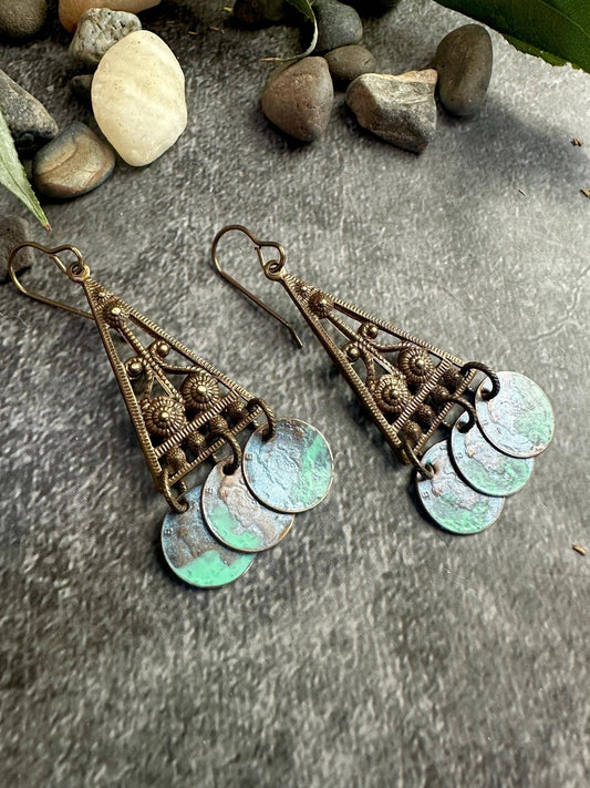 Sacred Triangle Coin Earrings - Patina Brass