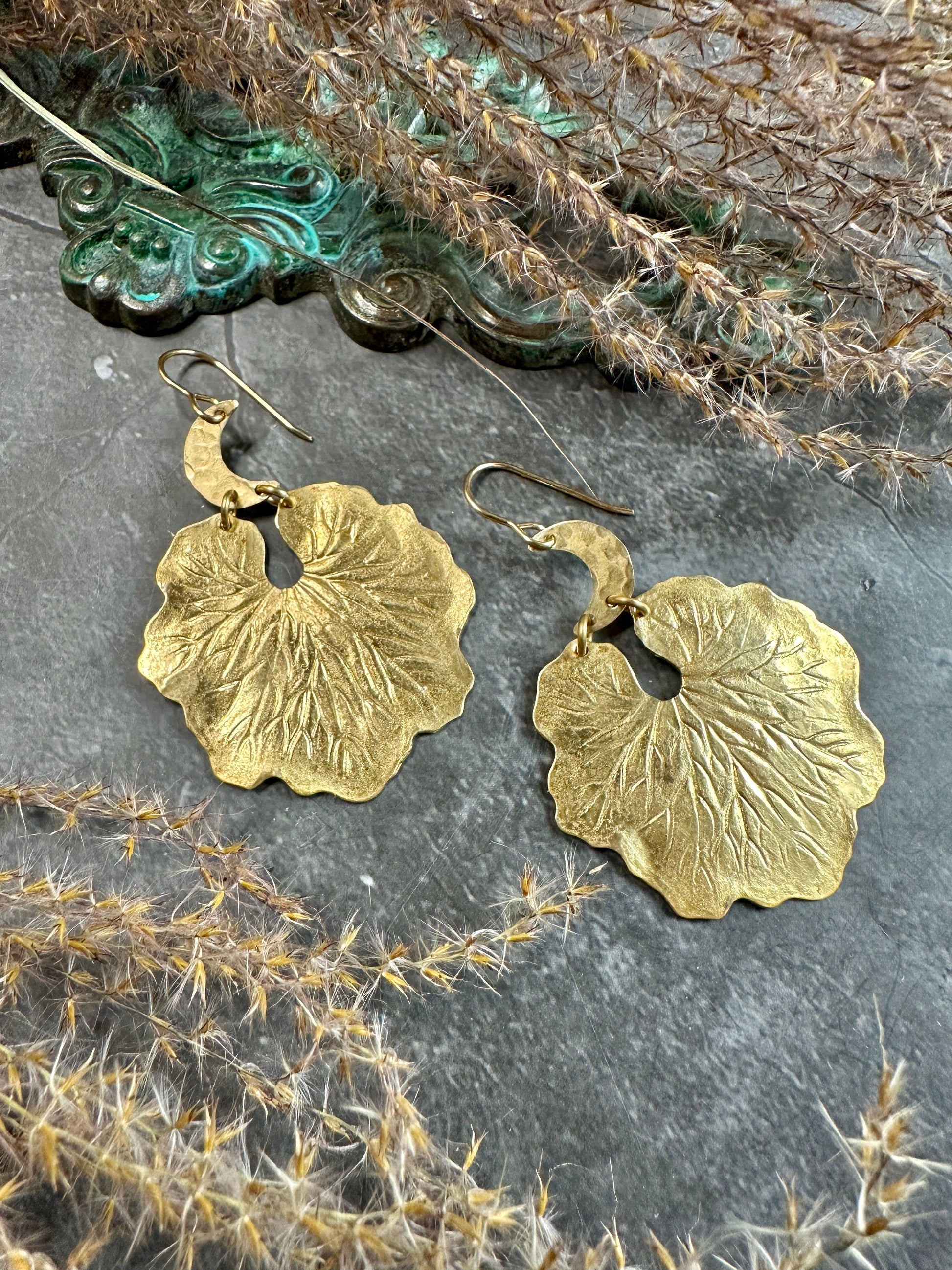 Lily Moon Earrings- Handmade Beaten Brass
