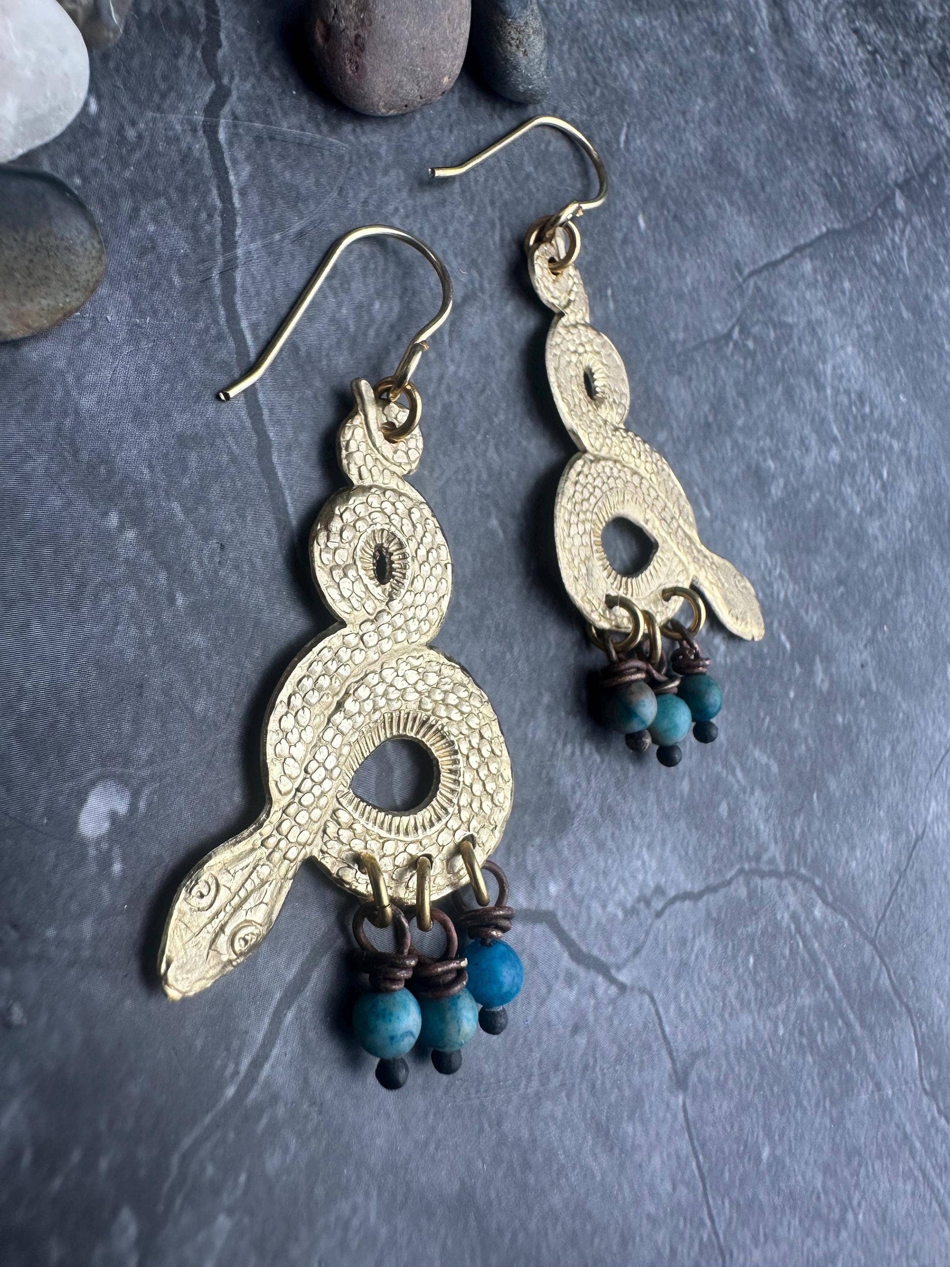 Snake Dangle Earrings - Brass Serpent with Blue Agate Drops
