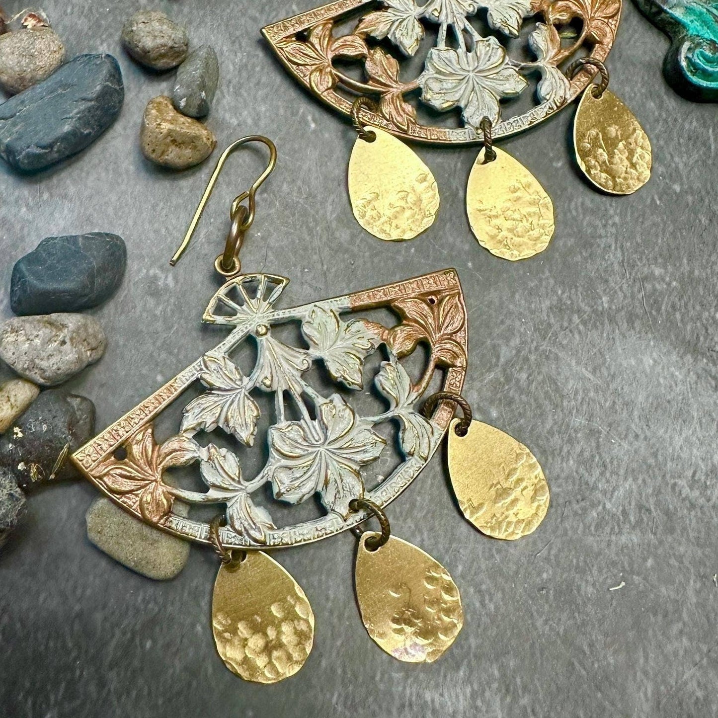 Earrings: Handcrafted Hammered Brass Floral Art Deco Jewelry