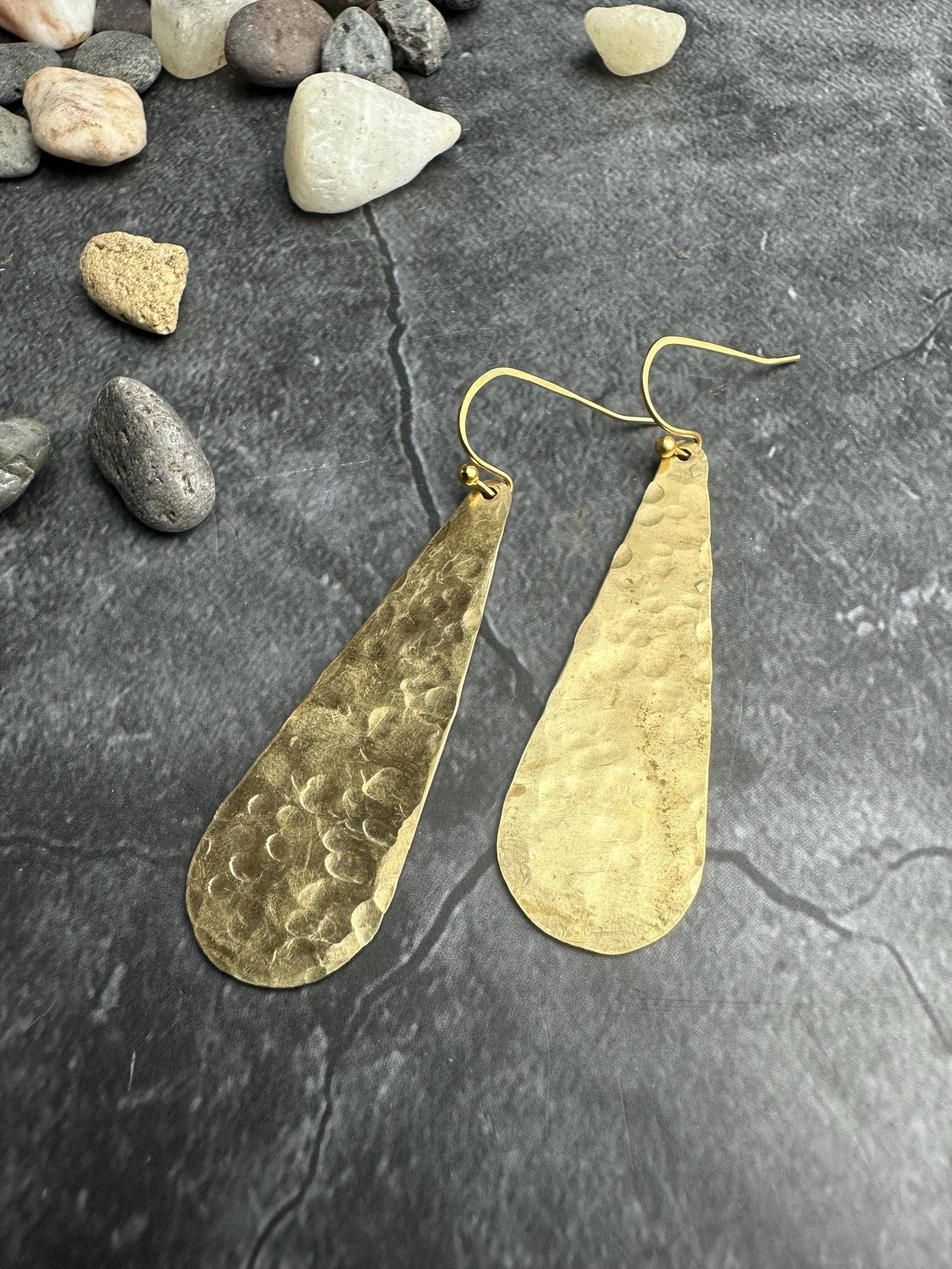 Long Hammered Brass Teardrop Earrings