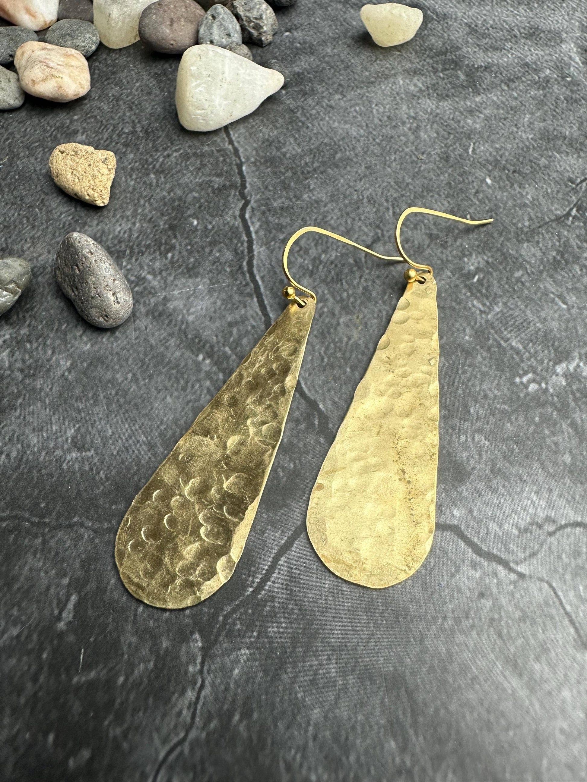 Long Hammered Brass Teardrop Earrings