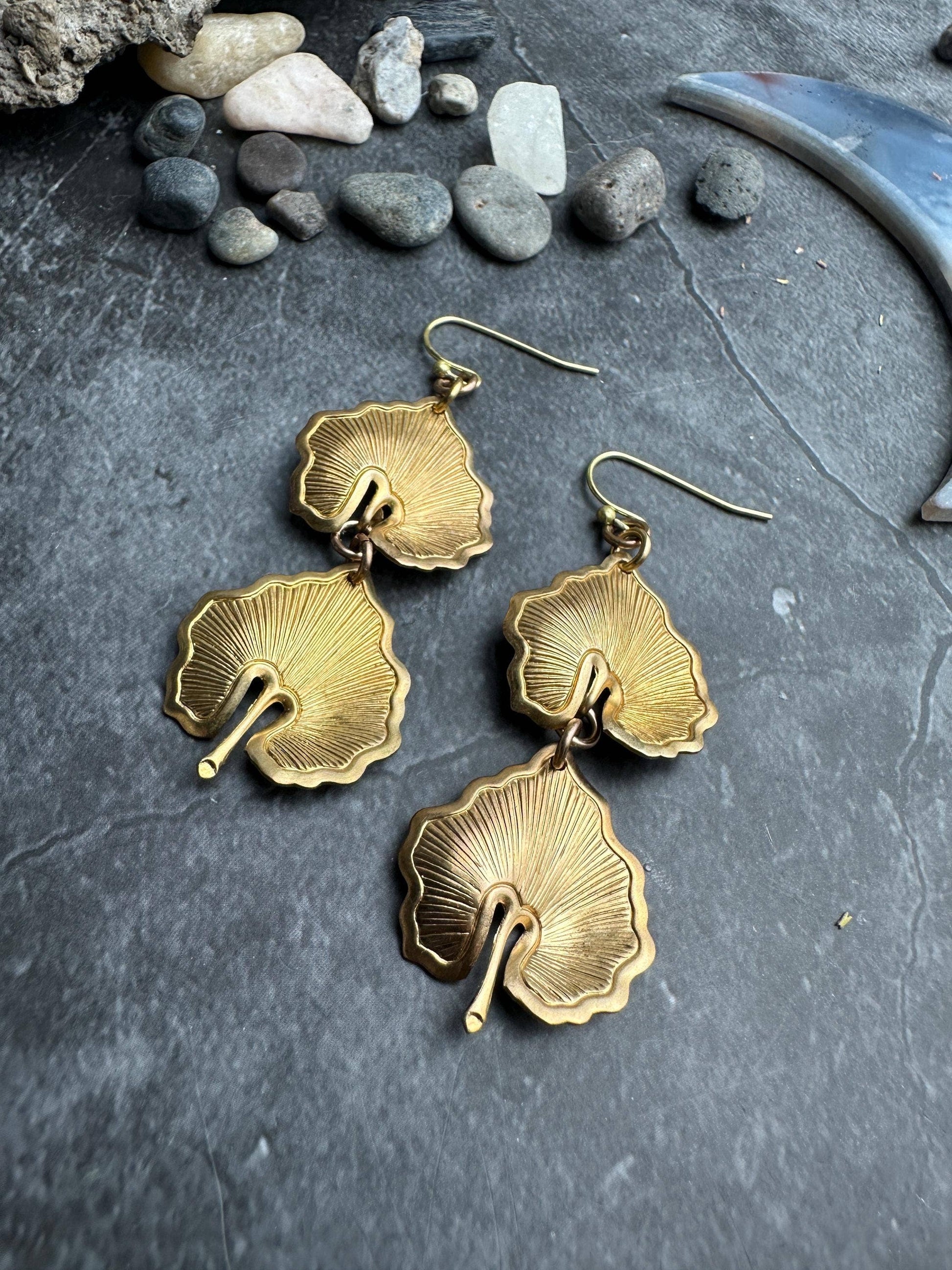 Botanical Leaf Earrings - Vintage Tooled Solid Brass