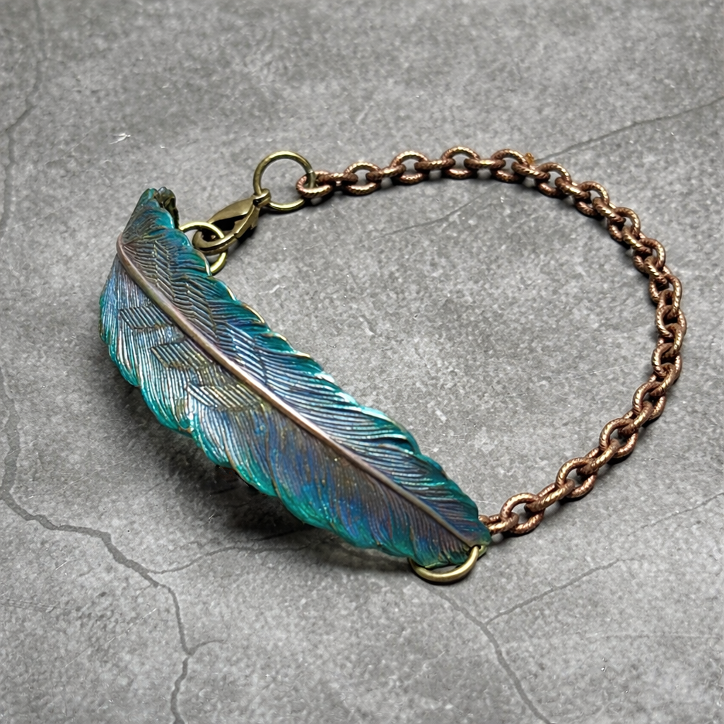 Iridescent Feather Bracelet - Solid Brass & Hand Patina