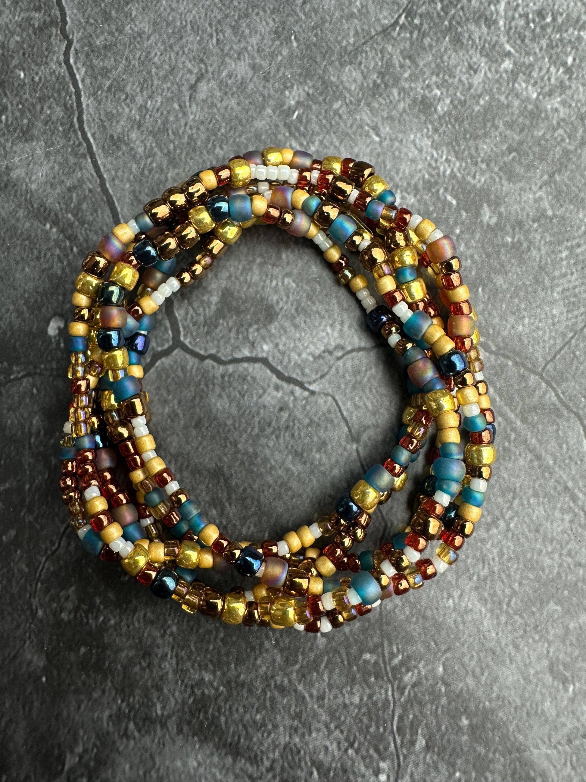 Seed Bead Wrap Bracelet - Blue Gold Layering Bracelet