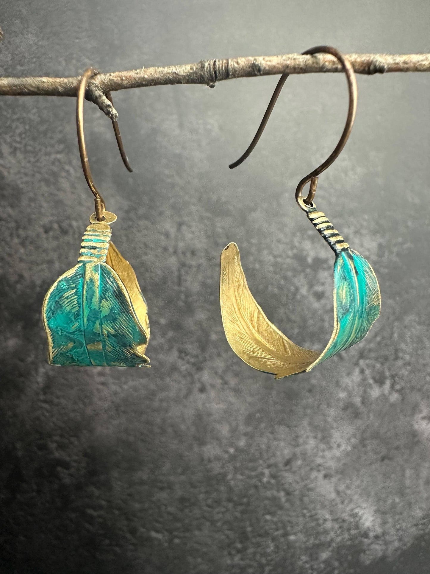 Curled Feather Earrings - Verdigris Patina Brass Dangles